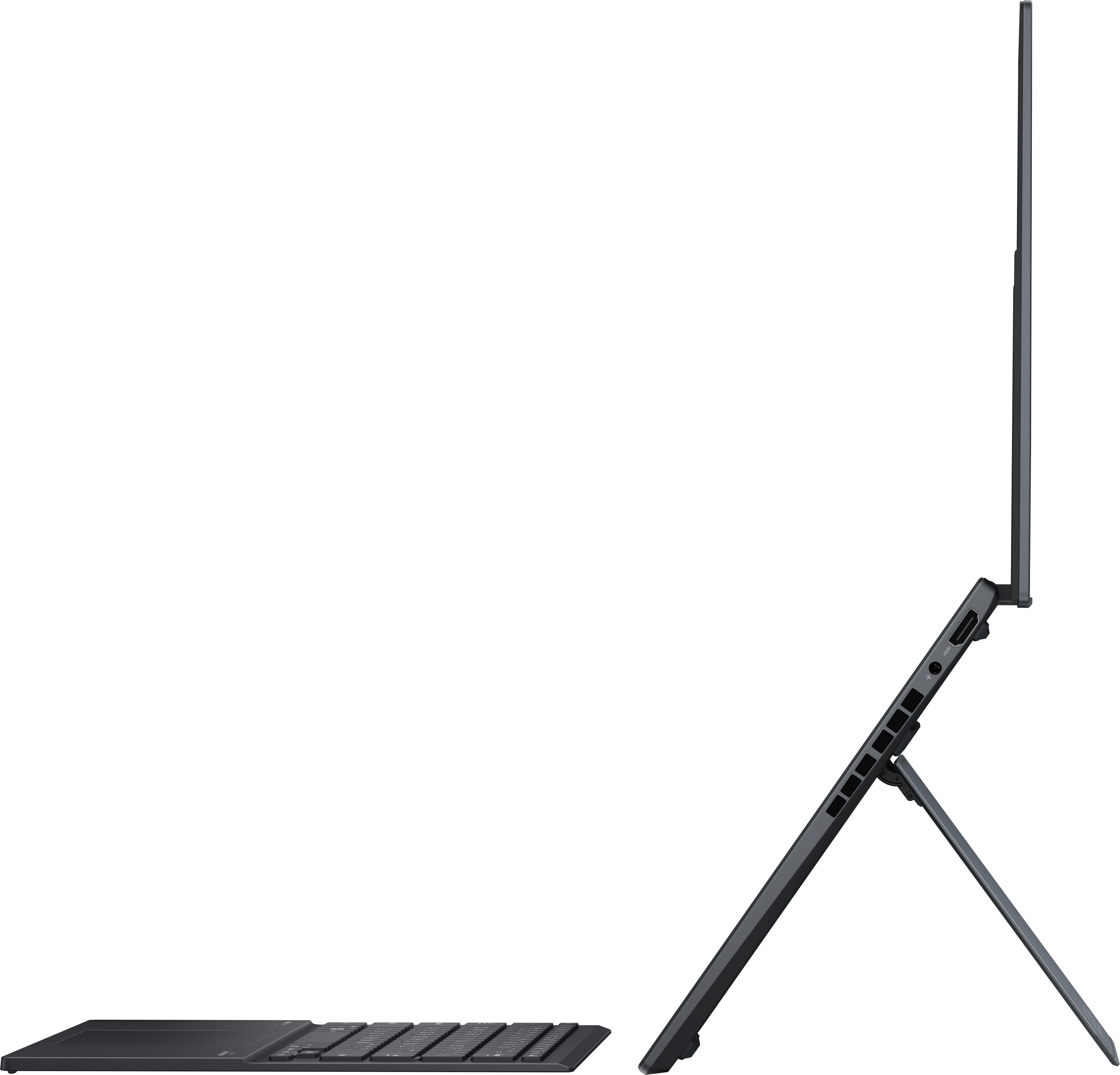 Graues Convertible-Laptop im Profil, mit angebrachter Tastatur und ausklappbarem Ständer.