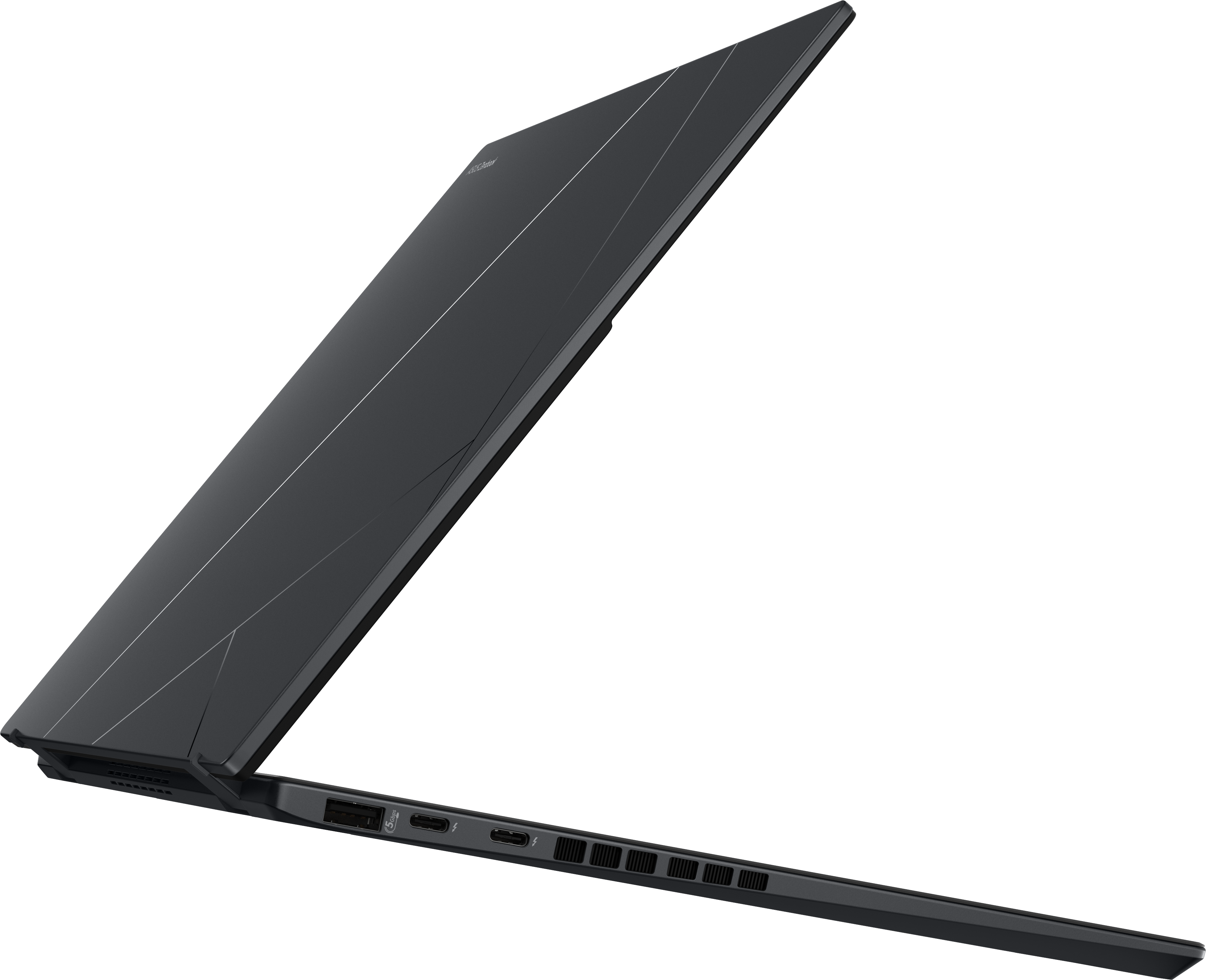 Ein dunkles Laptop im Profil, geöffnet, mit sichtbaren Anschlüssen an der Seite.