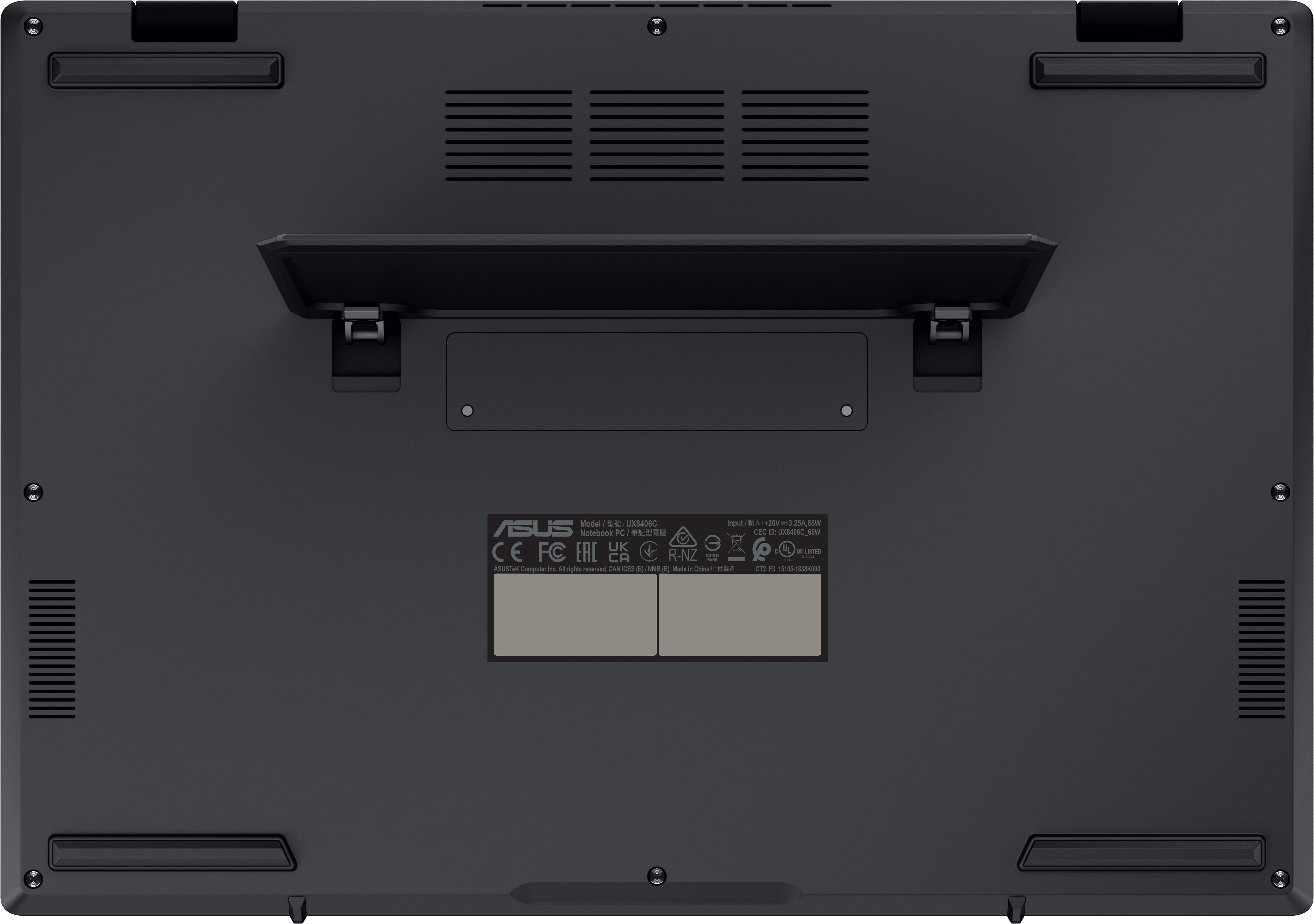 Unterseite eines schwarzen Laptops mit Lüftungsschlitzen und Siegeln.