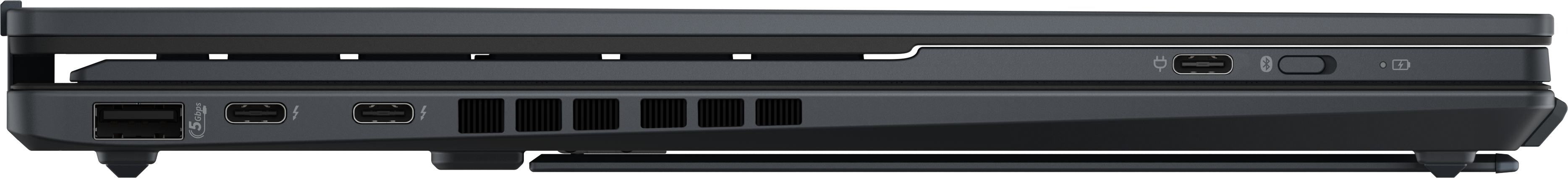 Seite eines Laptops mit Anschlüssen: USB-A, USB-C, Thunderbolt, Lüftungsschlitze.