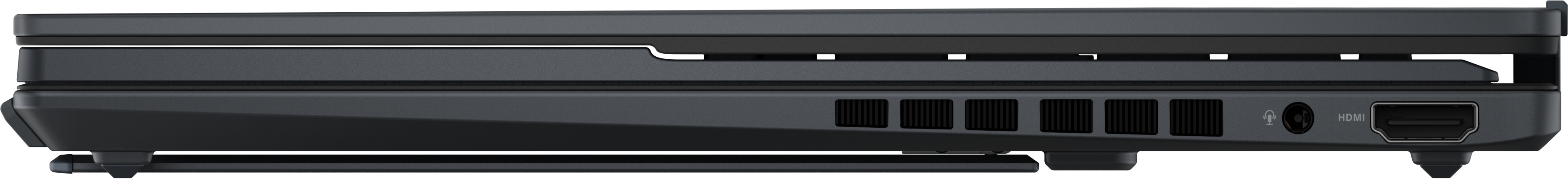 Draufsicht auf einen schwarzen Laptop mit Lüftungsschlitzen, Kopfhörerbuchse und HDMI-Anschluss.
