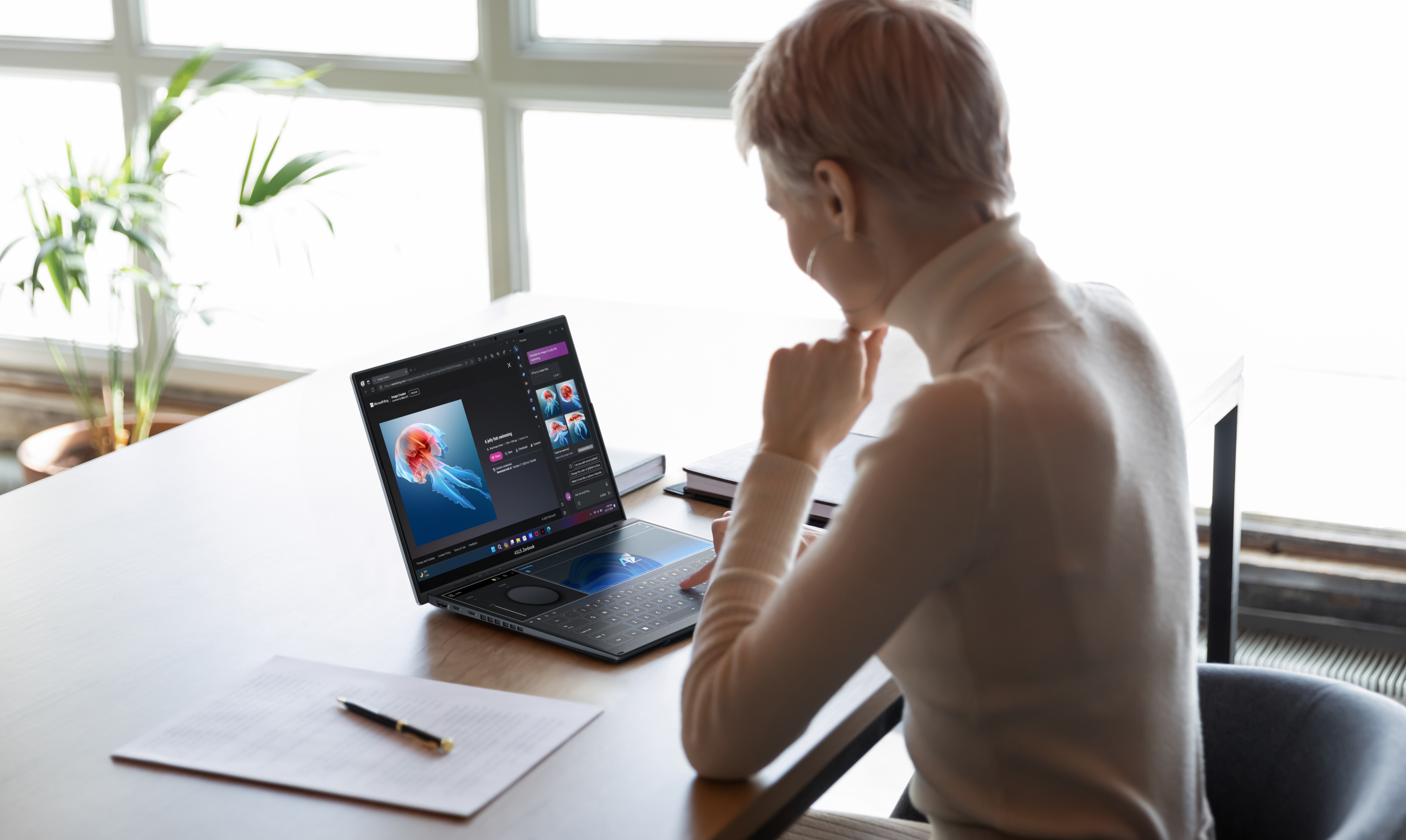 Eine Frau arbeitet an einem Laptop mit einem Quallenbild auf dem Bildschirm.