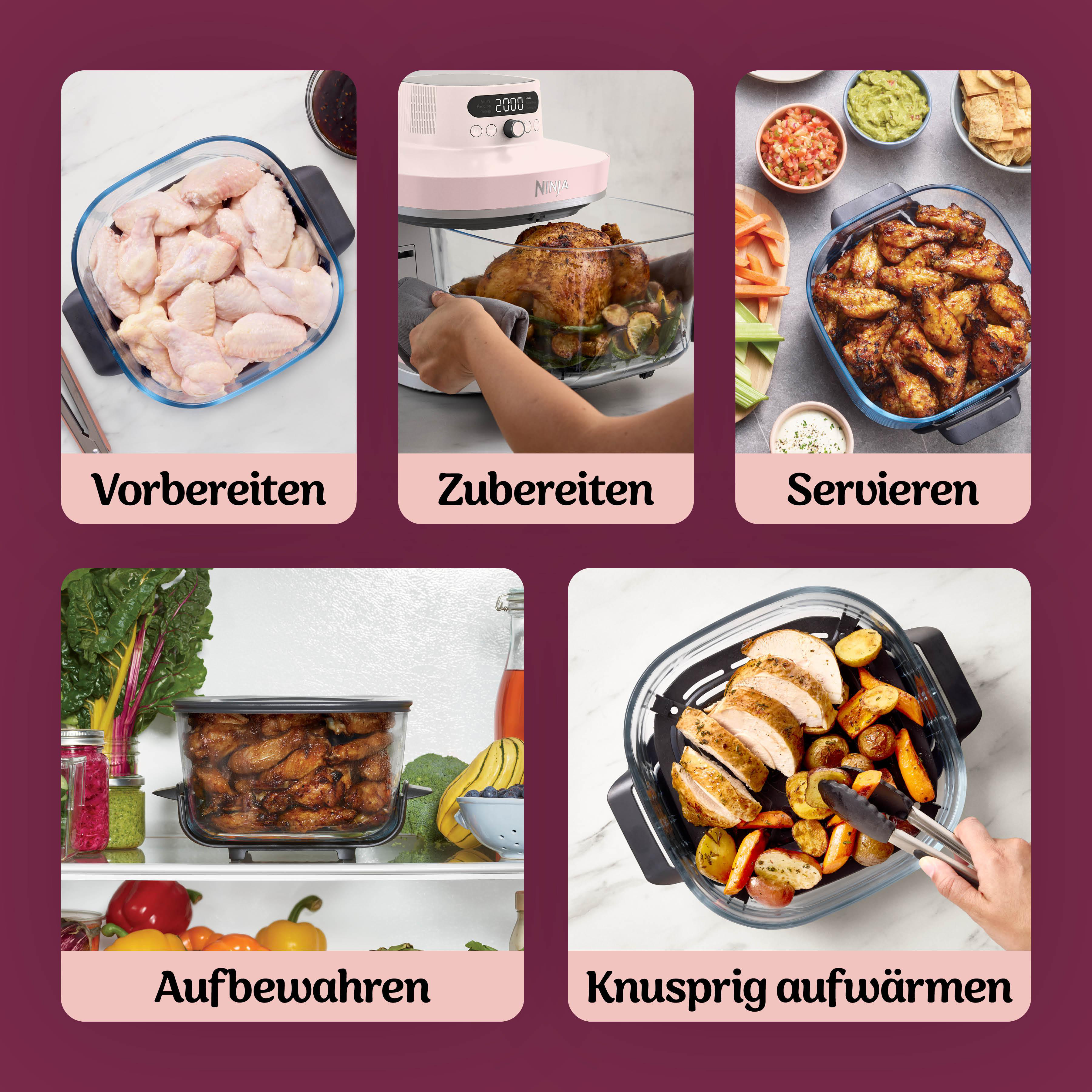 Rohe Hähnchenflügel, ein gebratenes Hähnchen, Hähnchenflügel, Hähnchenbrust mit Kartoffeln, Gemüse und Obst.