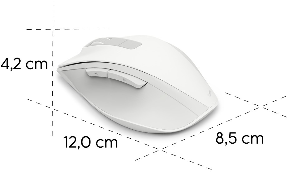Fehér számítógépes egér méretekkel: 4,2 cm magasság, 12 cm hossz, 8,5 cm szélesség.