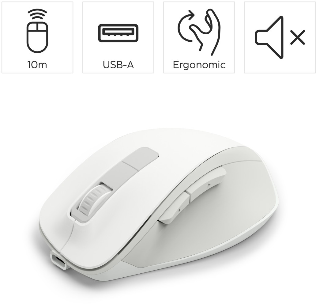 Fehér egér görgővel és gombokkal. Ikonok: 10m hatótáv, USB-A, ergonómikus, némítás.