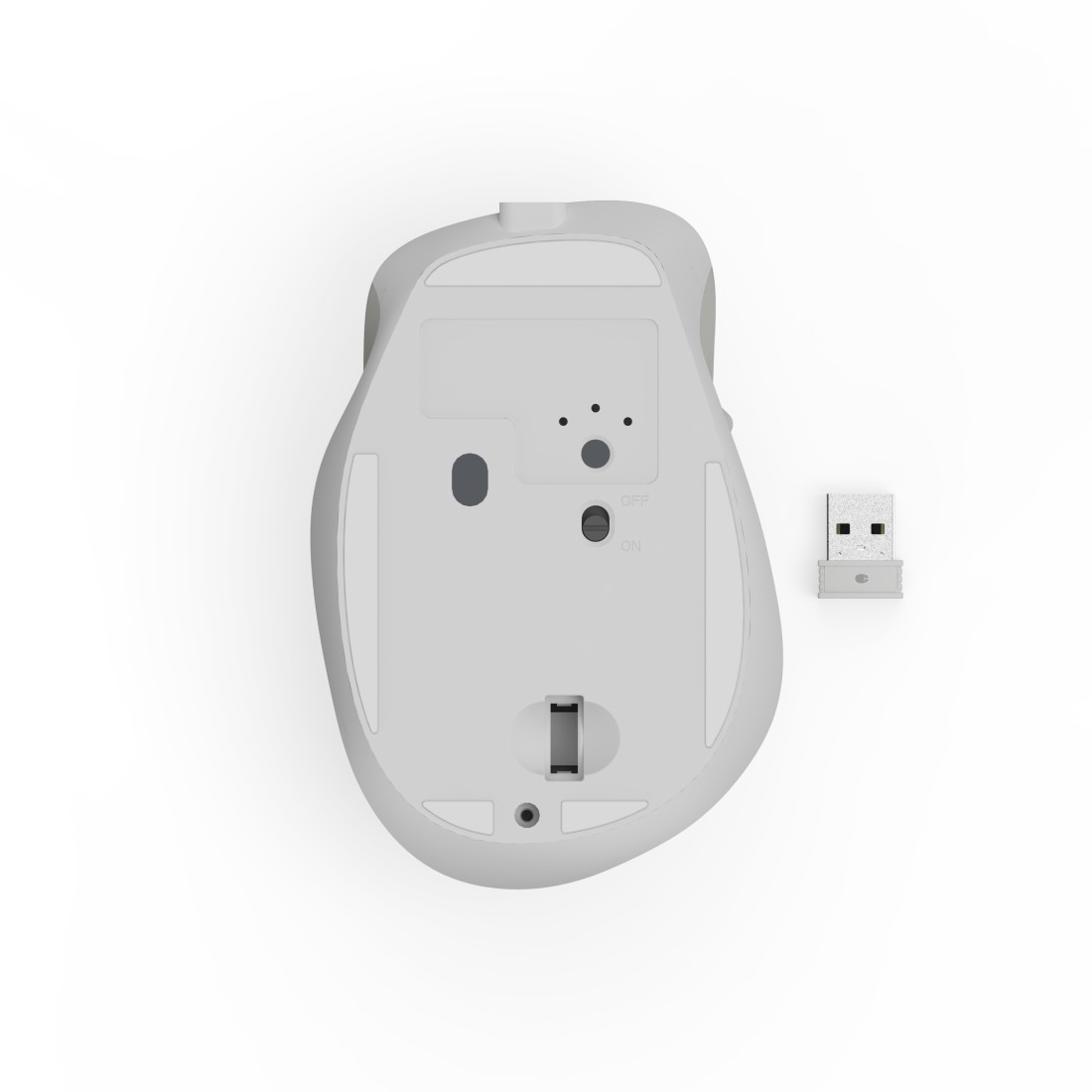 Fehér számítógép-egér alsó része USB-vevőegységgel. Kapcsoló ON állásban.