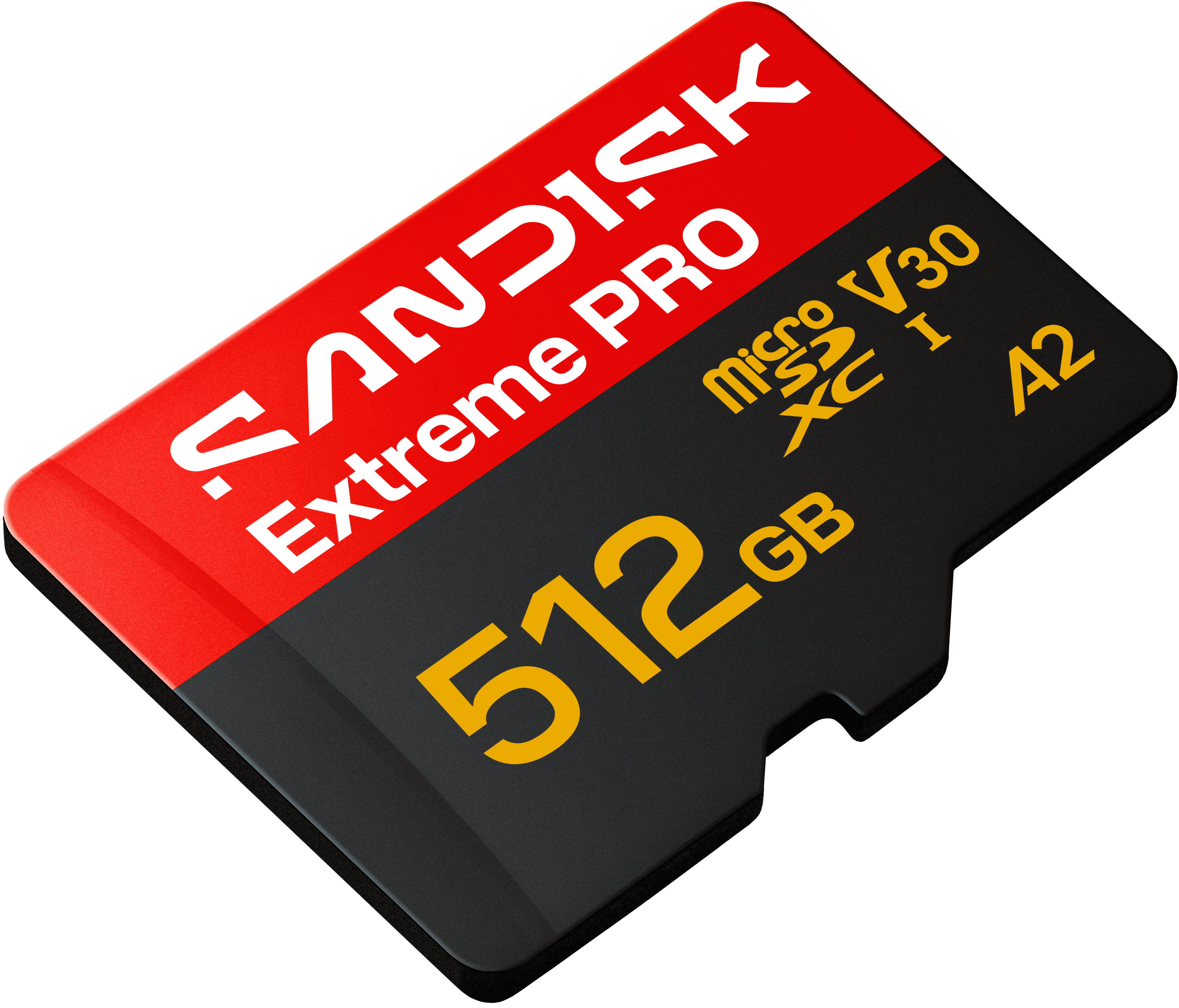 Eine rote und schwarze 512 GB SanDisk Extreme PRO microSDXC-Speicherkarte.