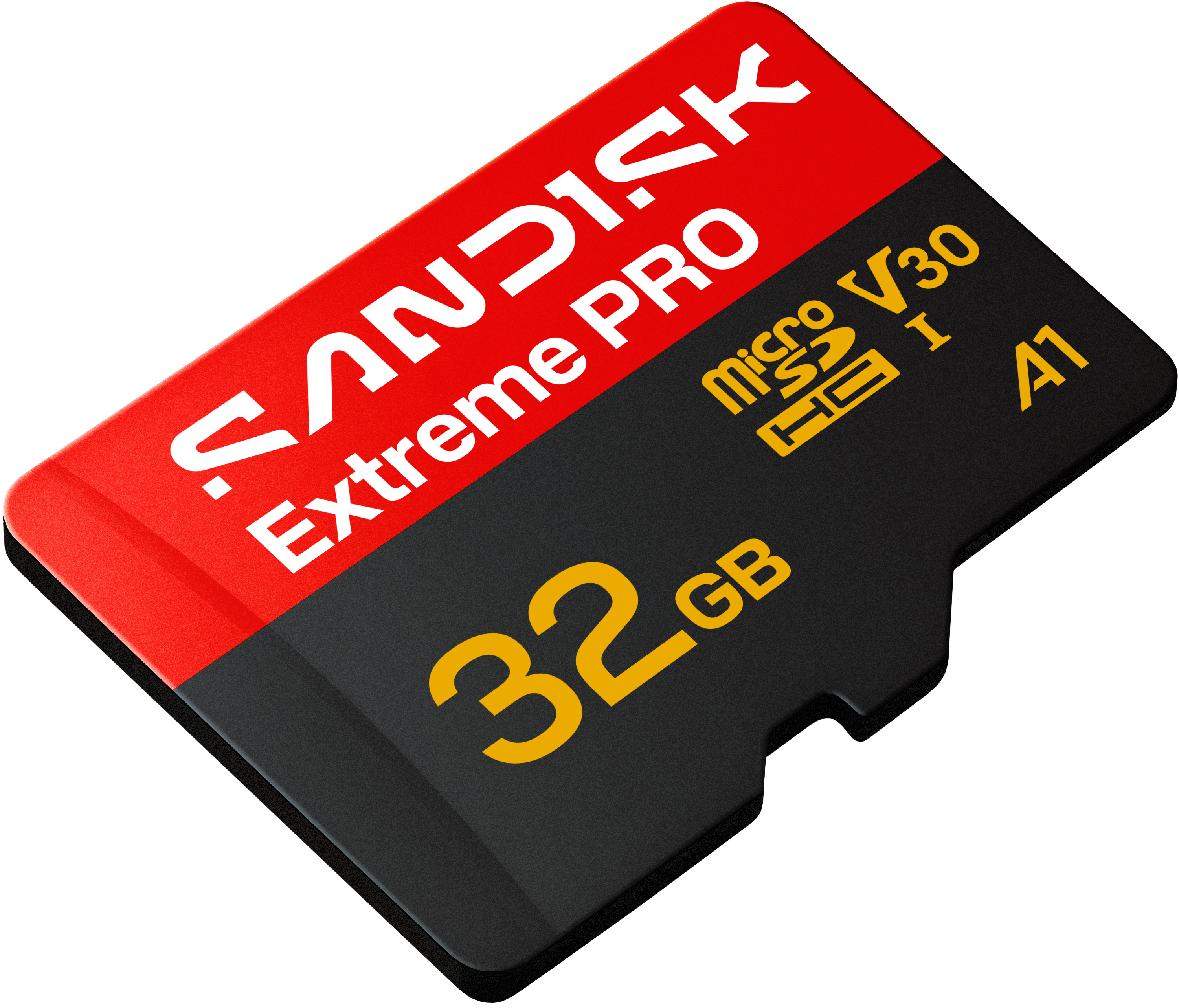 Eine rote microSD-Karte mit 32 GB Speicher, Sandisk Extreme Pro.