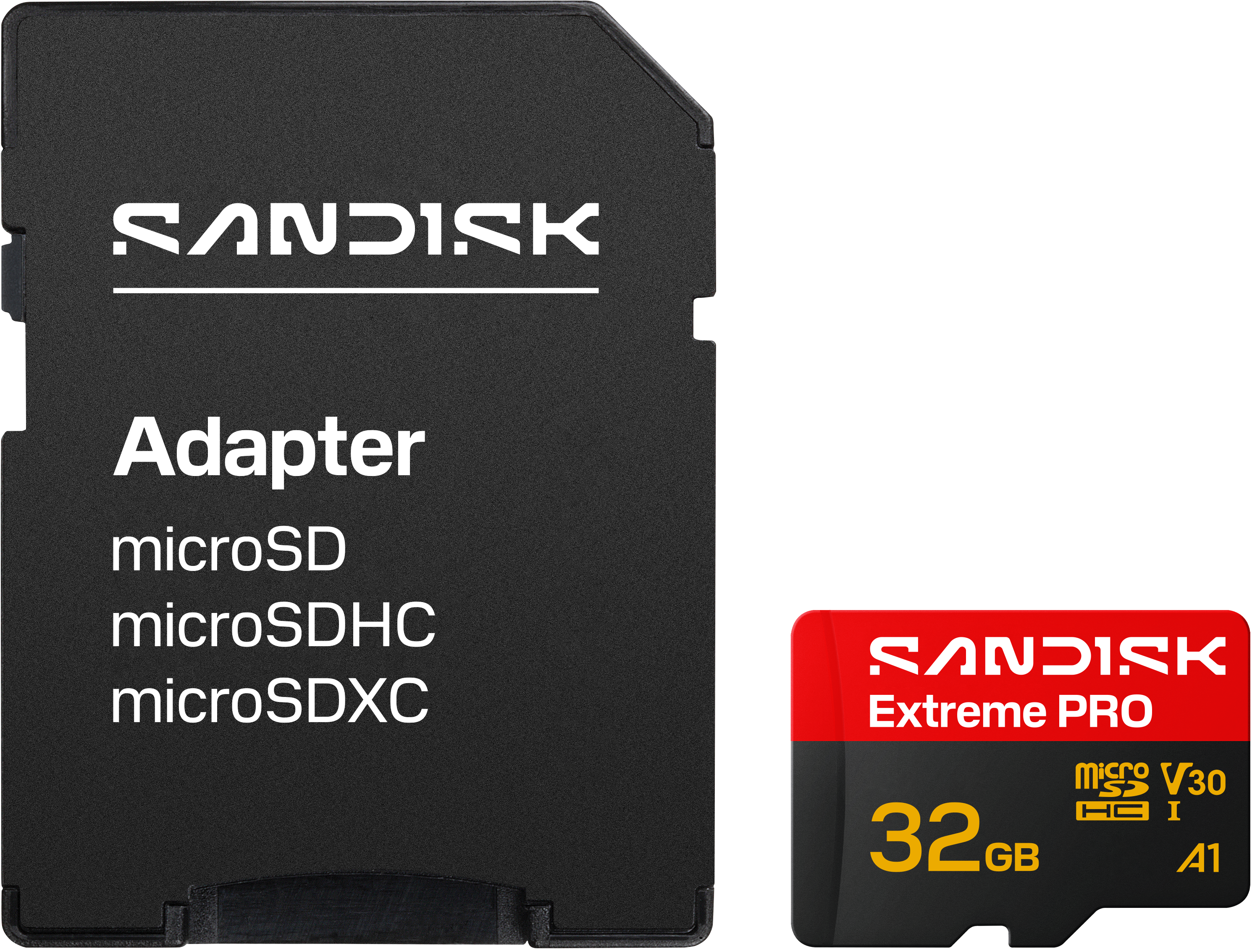 Ein schwarzer Adapter und eine microSD-Karte von SanDisk mit 32 GB.