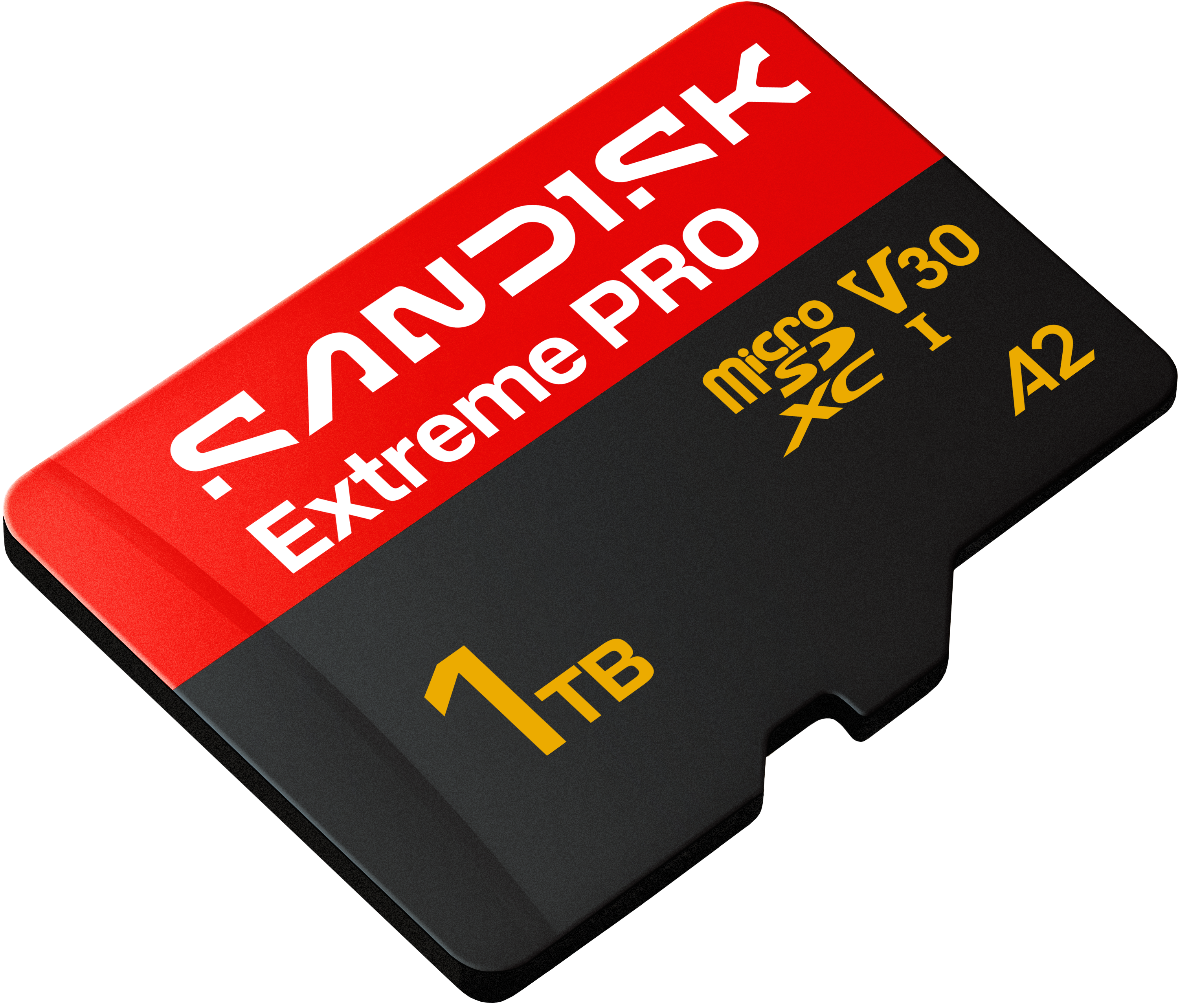Eine rote und schwarze microSD-Karte mit 1 TB Speicherkapazität.