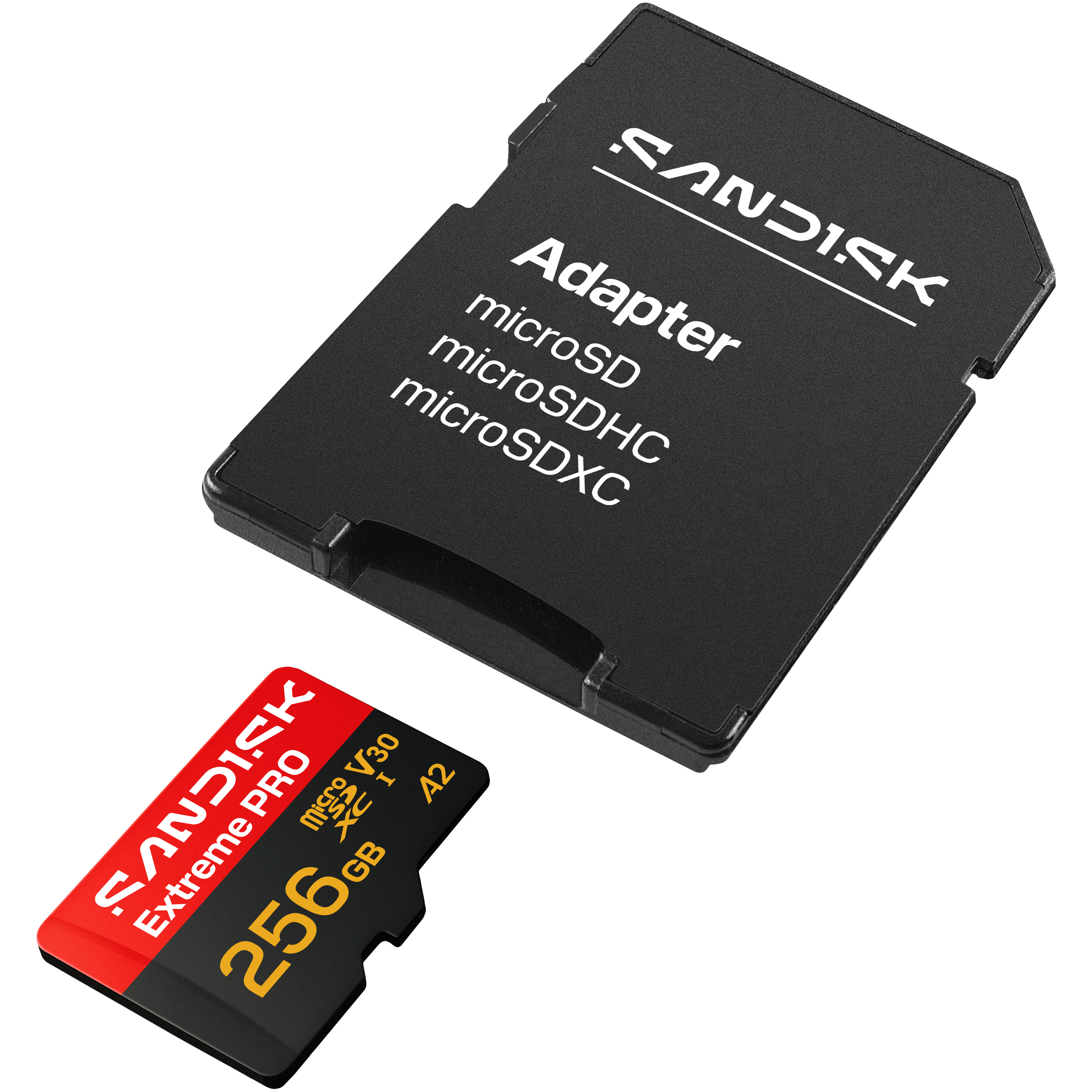 Ein schwarzer SD-Adapter und eine 256 GB microSDXC-Karte von SanDisk liegen nebeneinander.