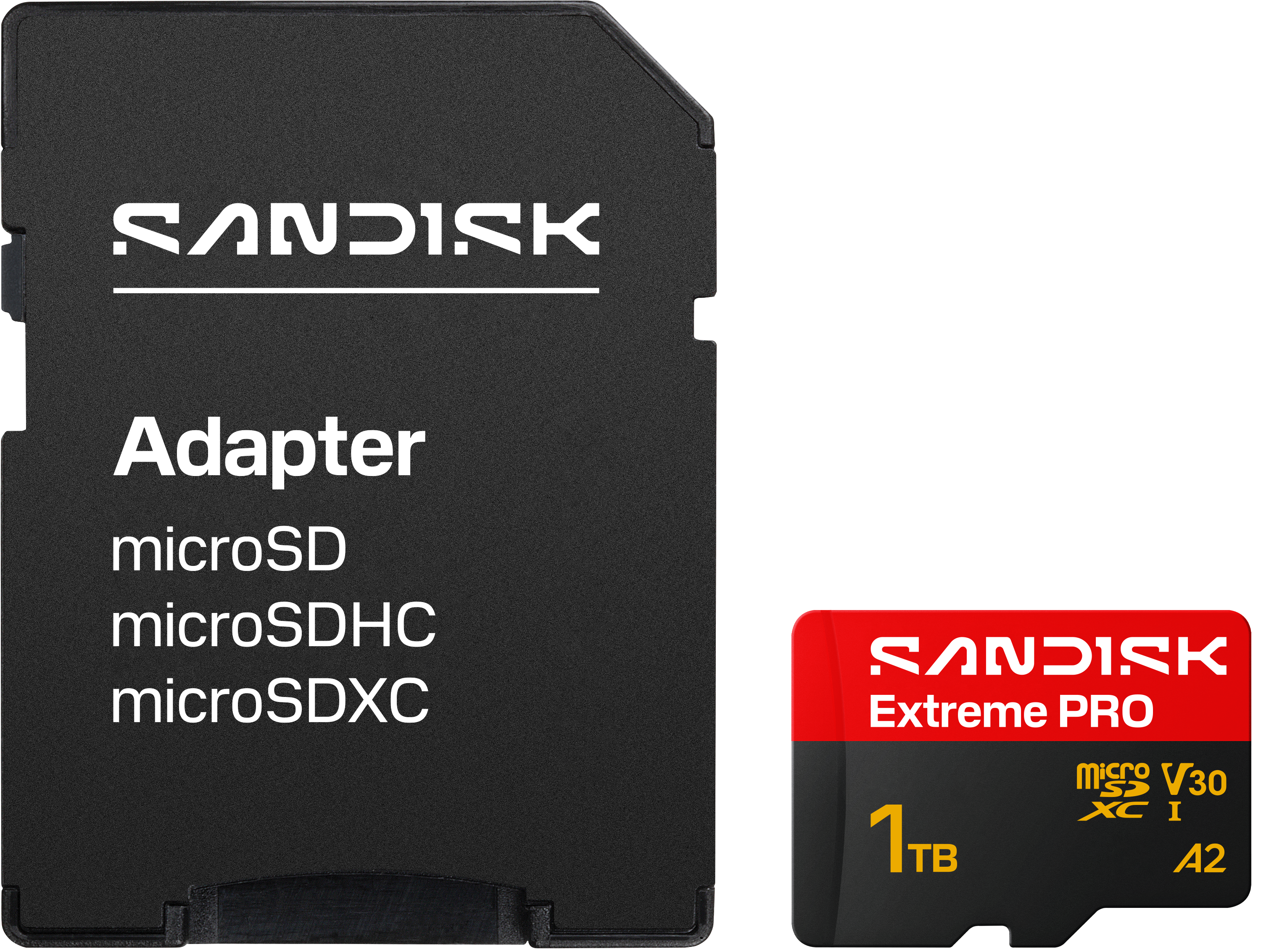 Ein schwarzer SD-Kartenadapter und eine rote/schwarze 1TB microSDXC-Karte von SanDisk.