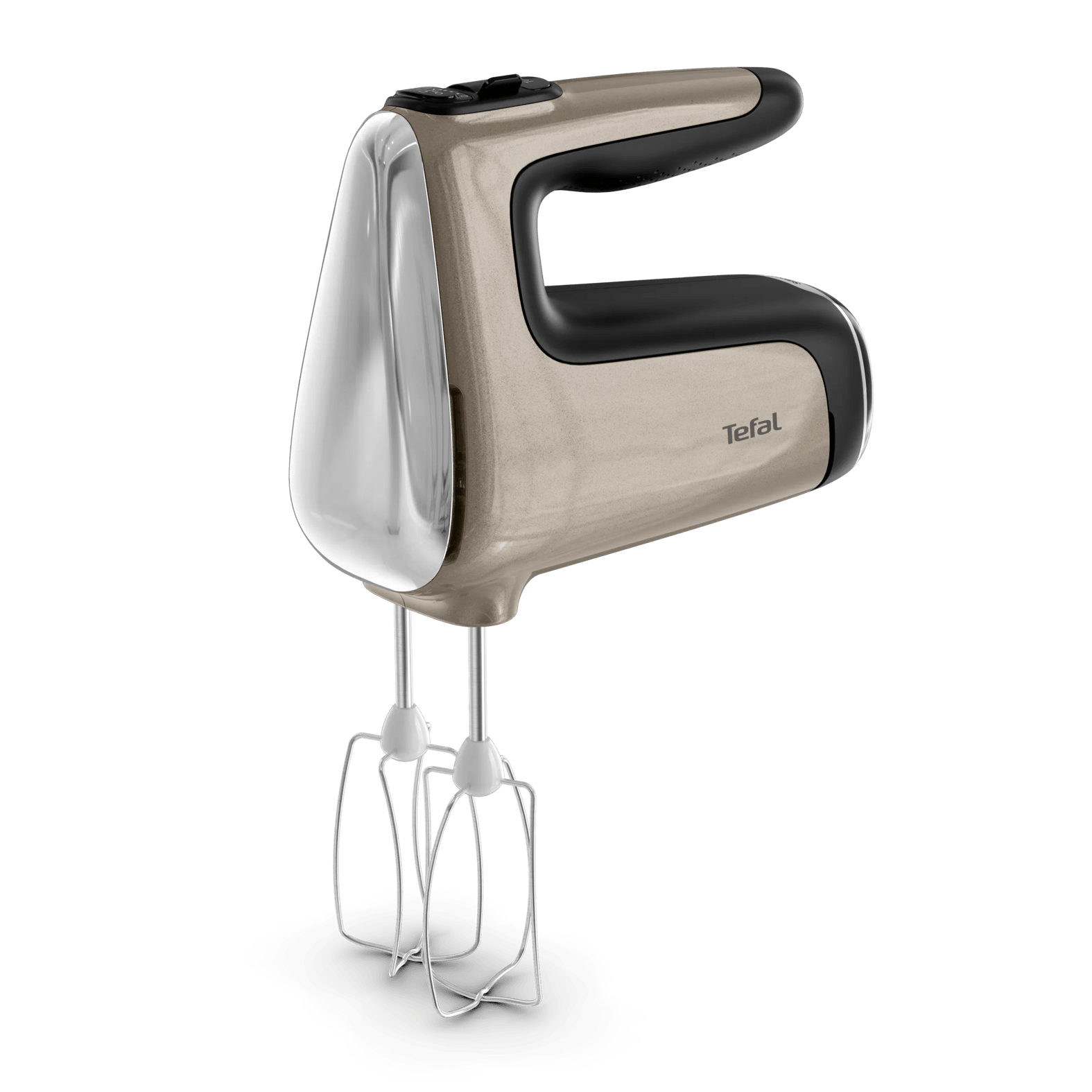 Ein goldener Handmixer mit schwarzem Griff und silberner Vorderseite.