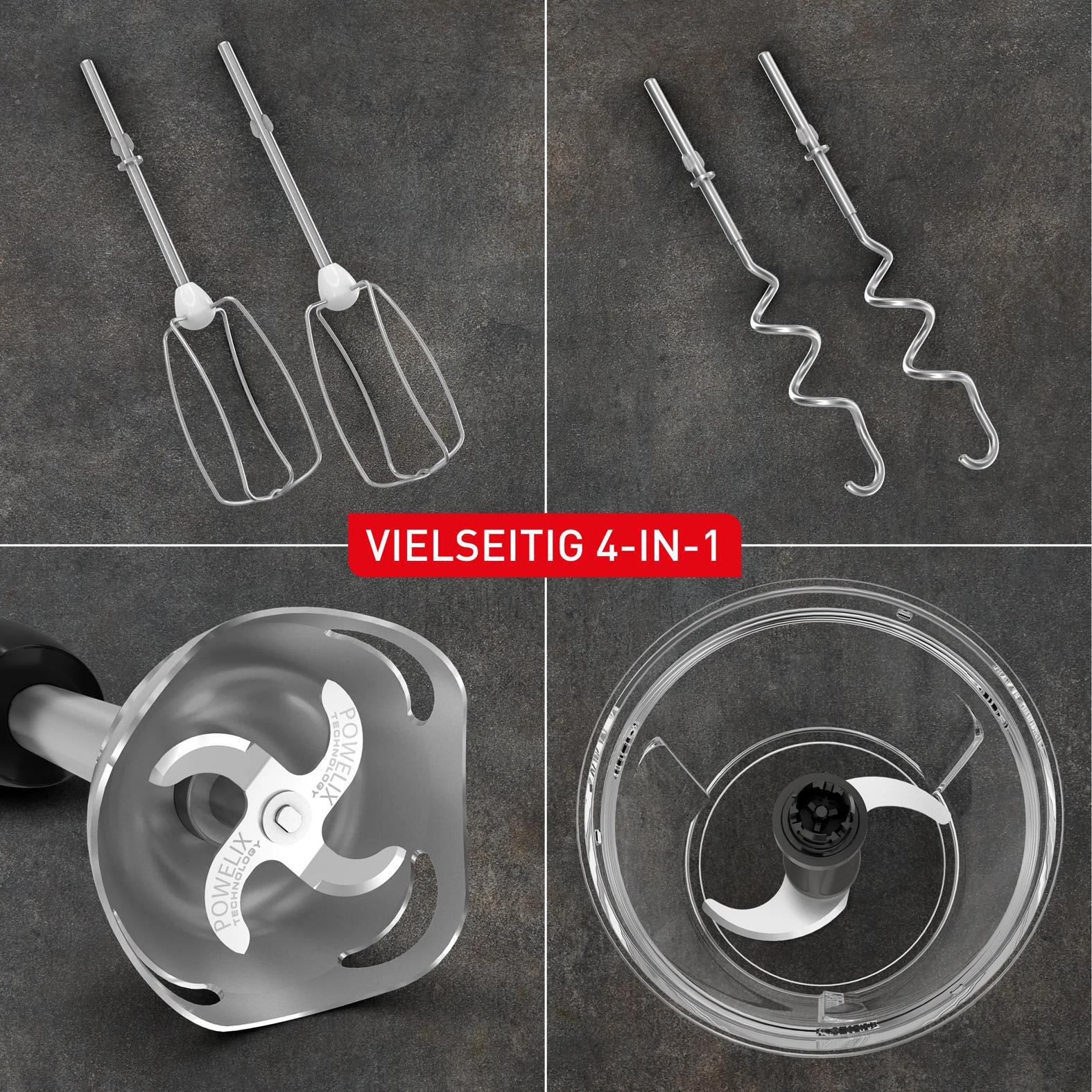 Vier Küchengeräte-Aufsätze: zwei Schneebesen, zwei Mixer-Klingen, ein Stabmixer, ein Zerkleinerer.