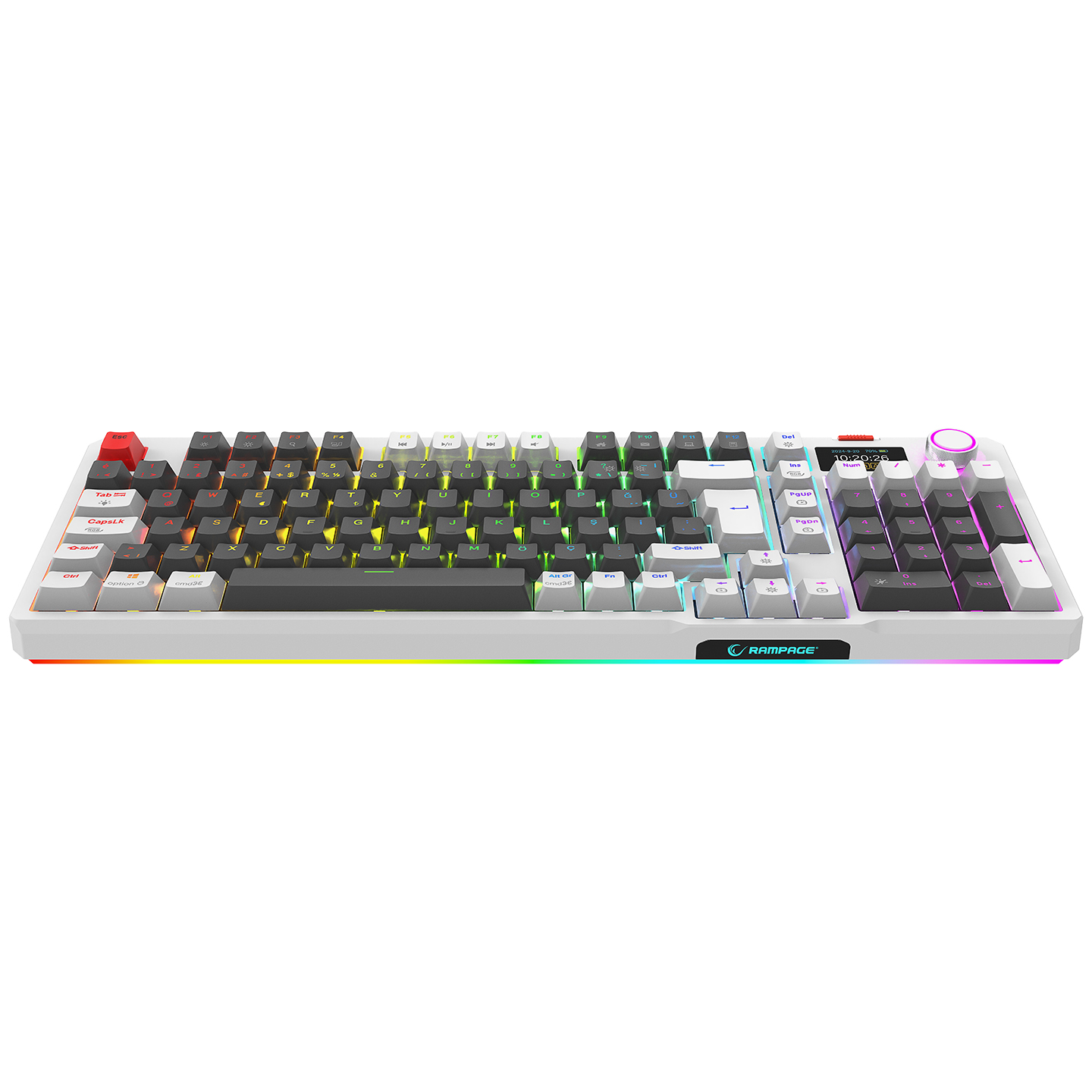 RGB aydınlatmalı ve sayısal tuş takımına sahip beyaz klavye.