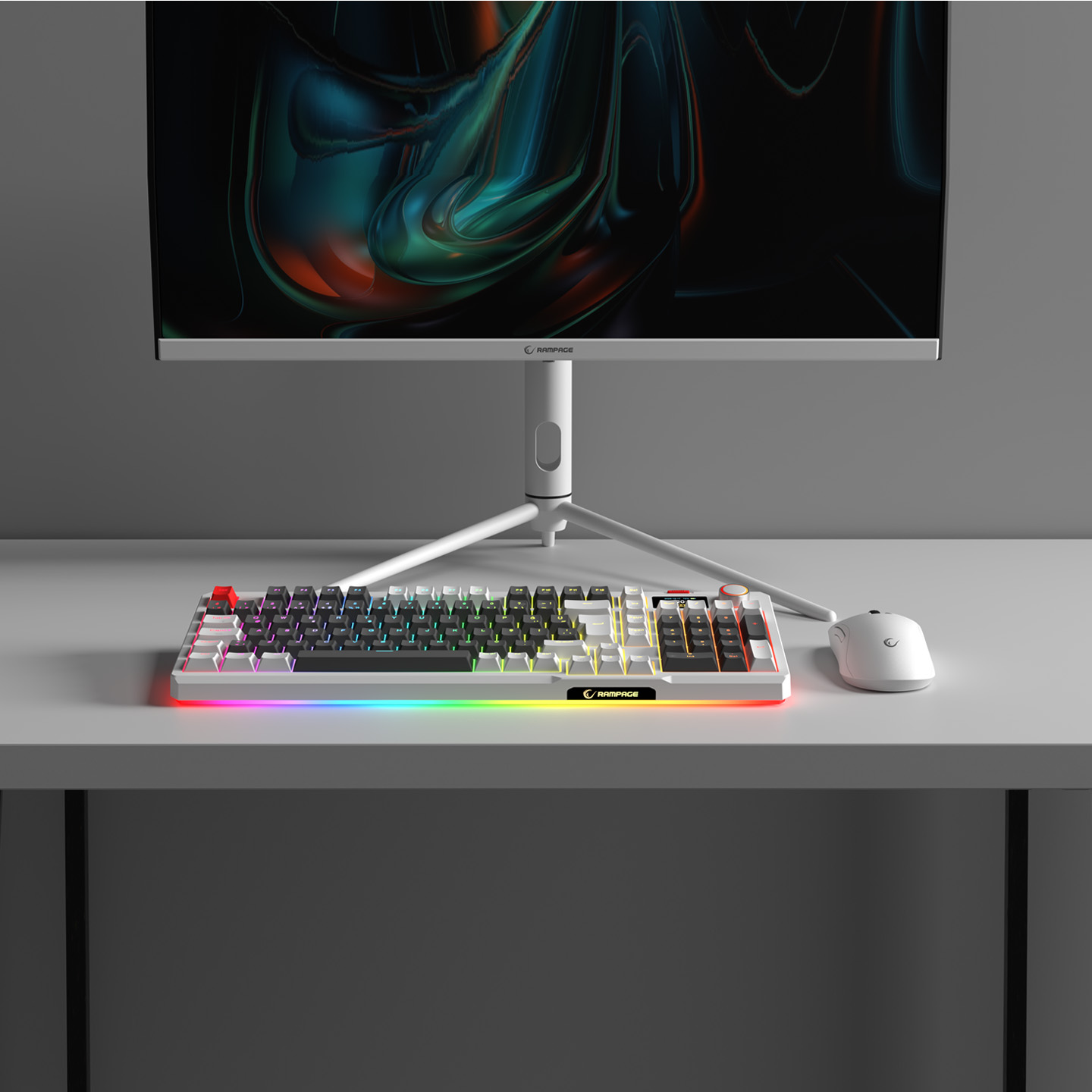 RGB aydınlatmalı beyaz oyuncu klavyesi ve masada beyaz fare.