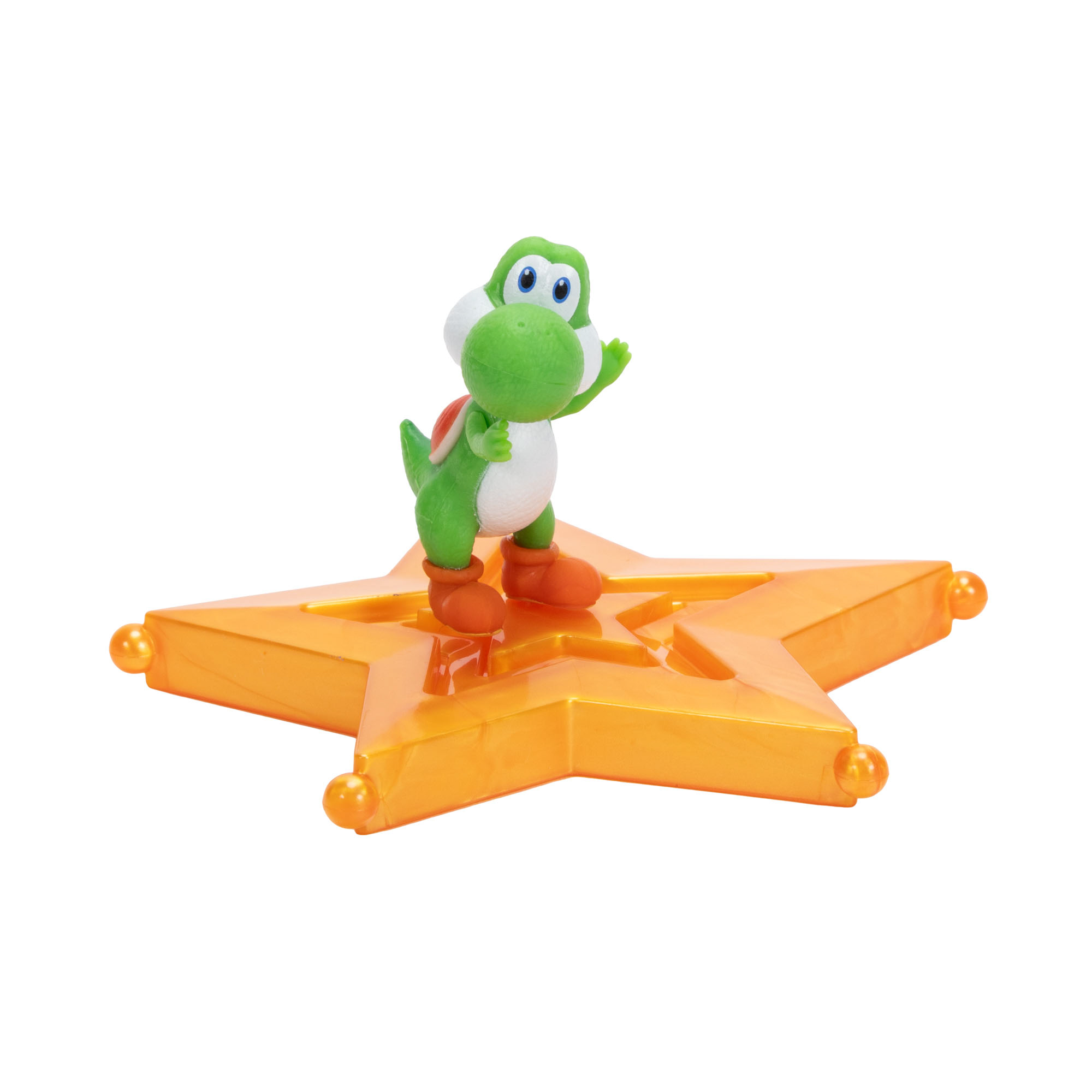 Yoshi Figur auf einem goldenen Stern mit weißen Akzenten und orangen Stiefeln.