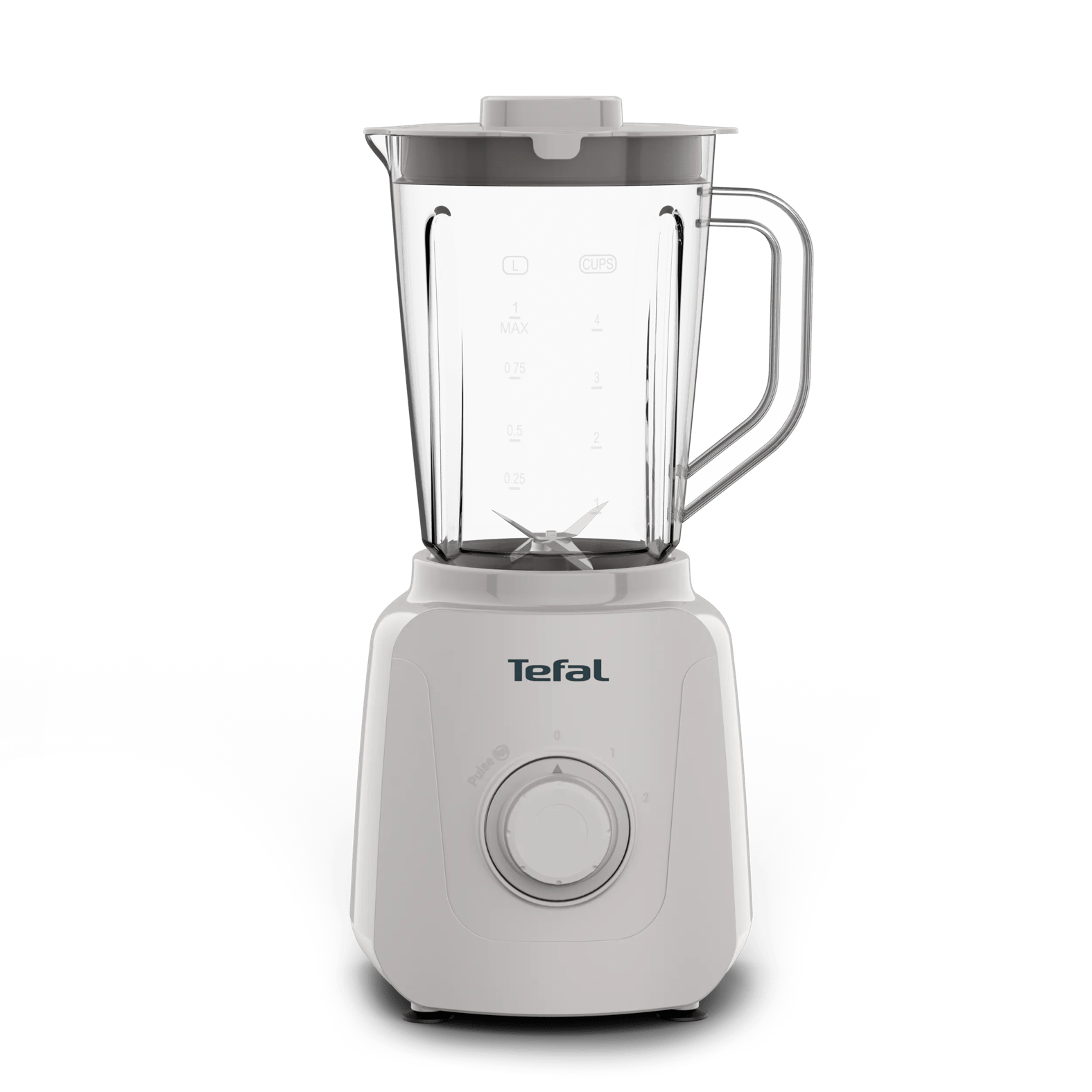 Ein weißer Tefal-Standmixer mit transparentem Krug und silbernen Klingen.