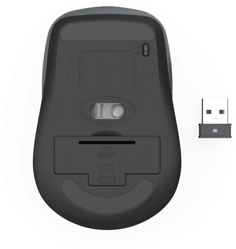 Fekete számítógép egér alsó része USB vevővel mellette.