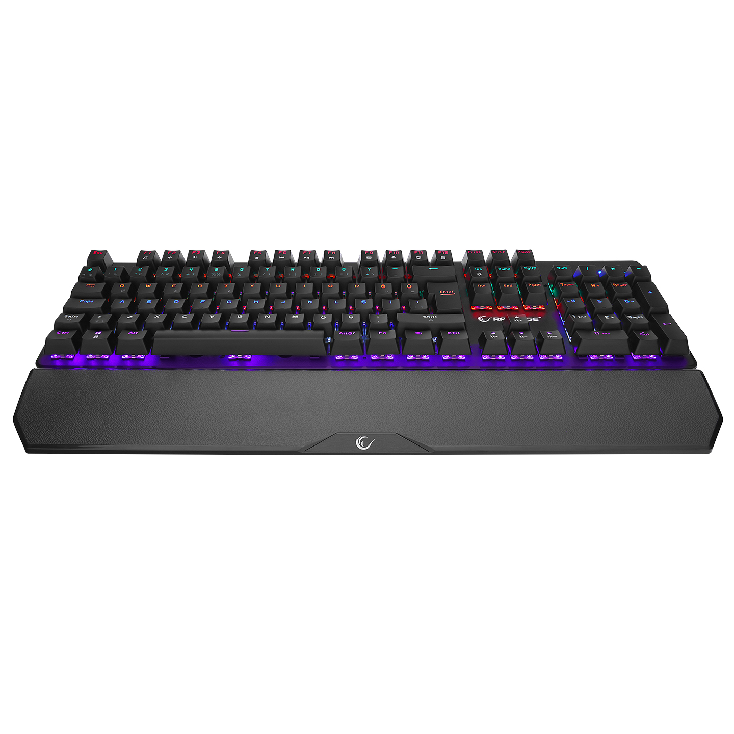 RGB aydınlatmalı ve bilek destekli siyah klavye.