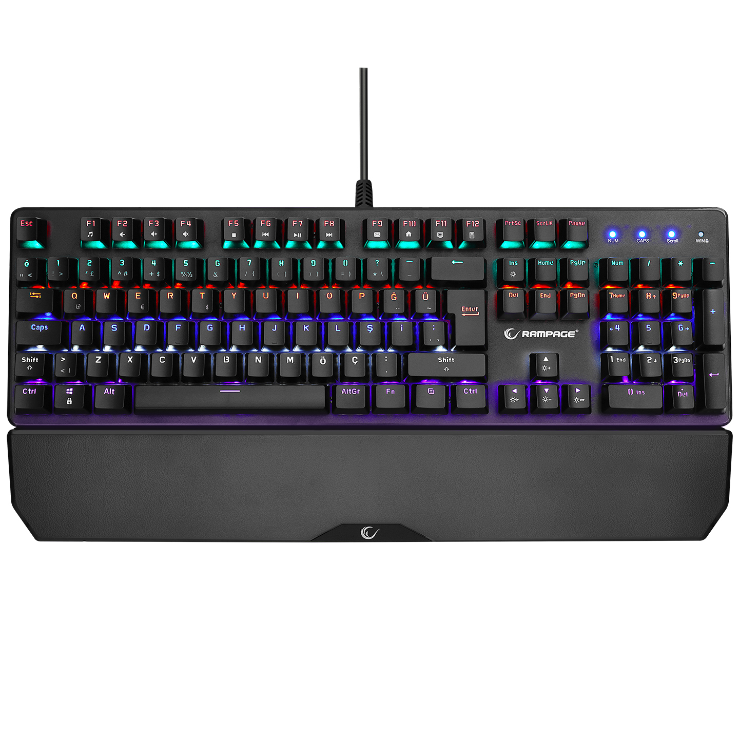 RGB arkadan aydınlatmalı ve bilek destekli siyah klavye.