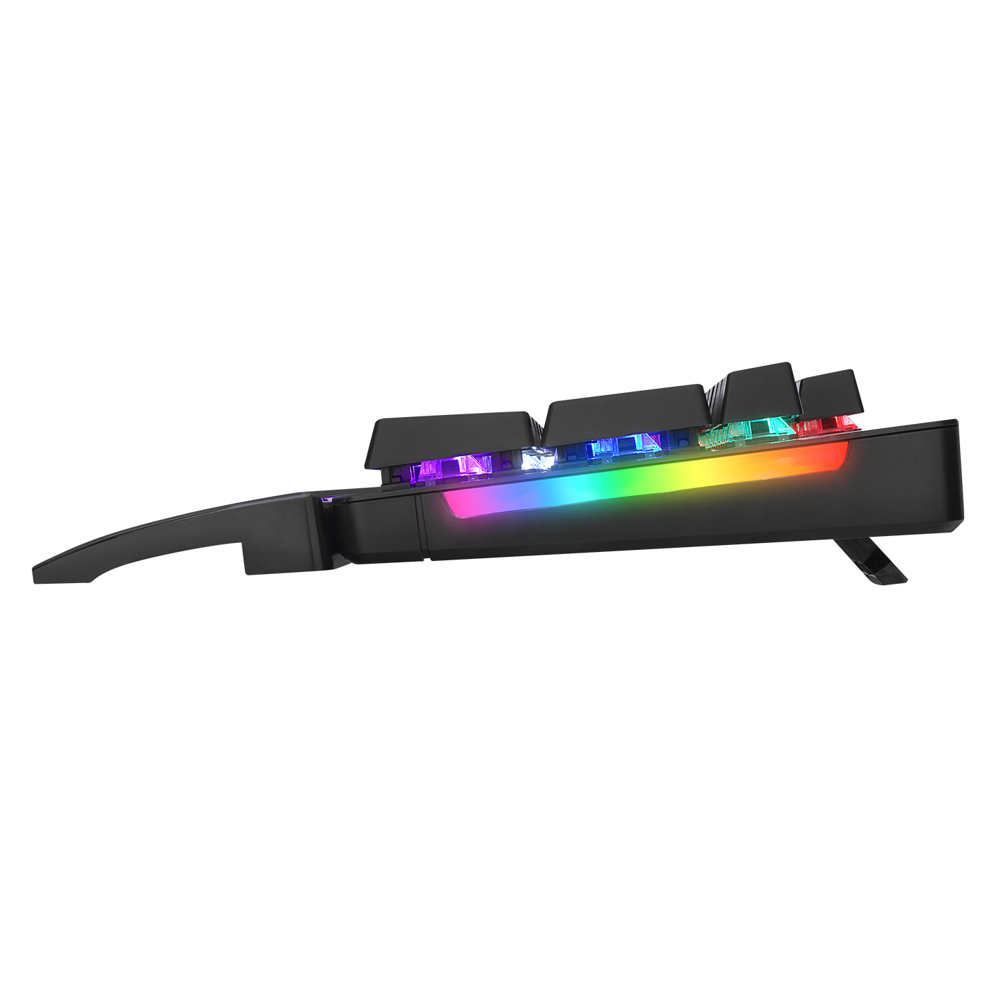 Gökkuşağı RGB aydınlatmalı siyah klavye, yan görünüm.