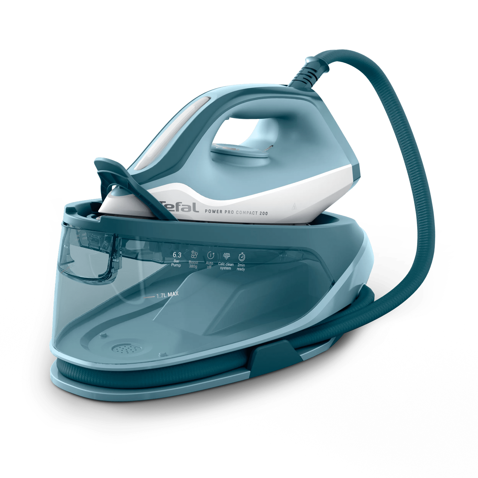 Eine blaue Tefal Dampfbügelstation mit 1,7L Wassertank.