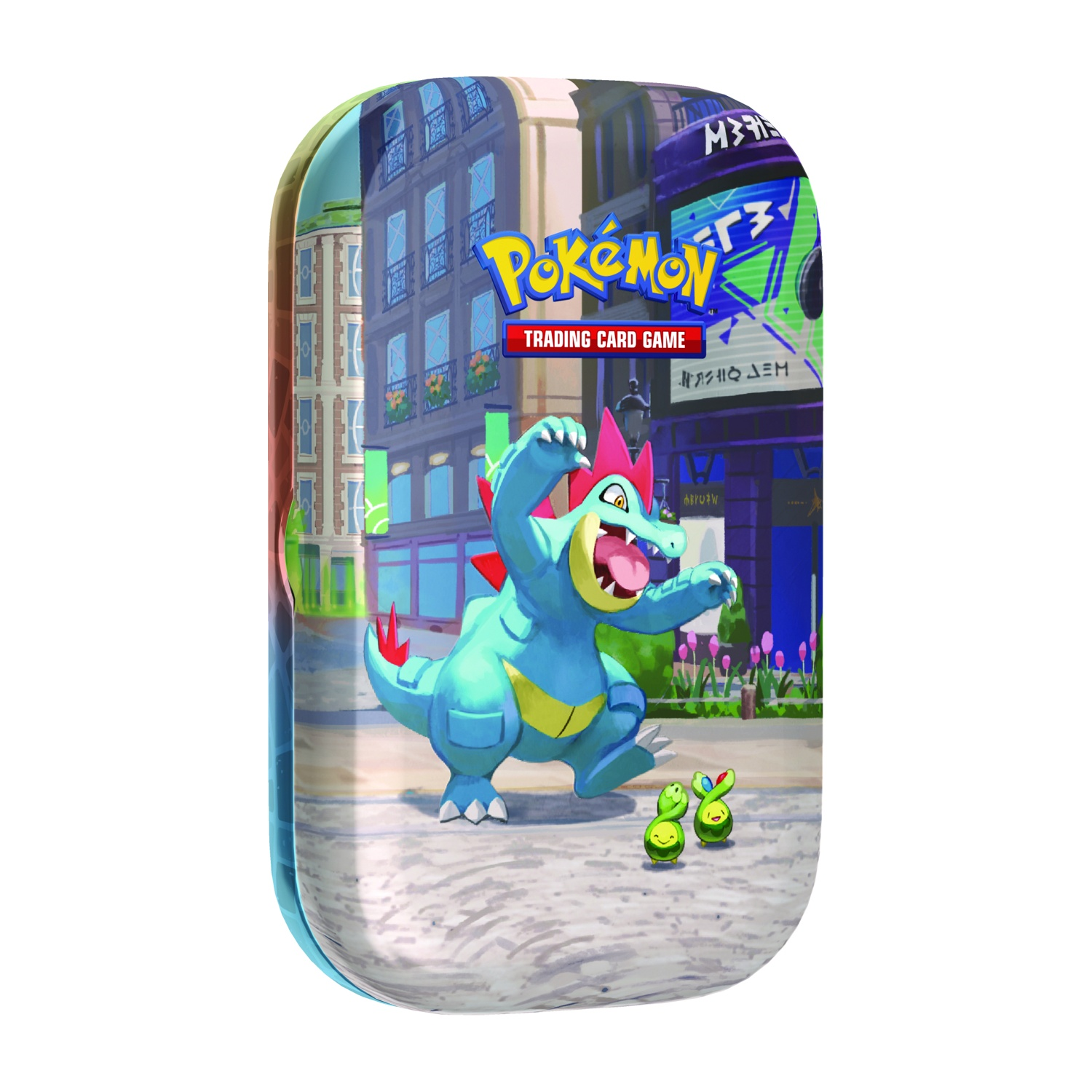 Lattina del Gioco di Carte Collezionabili Pokémon con Totodile e due piccoli Pokémon in una strada.