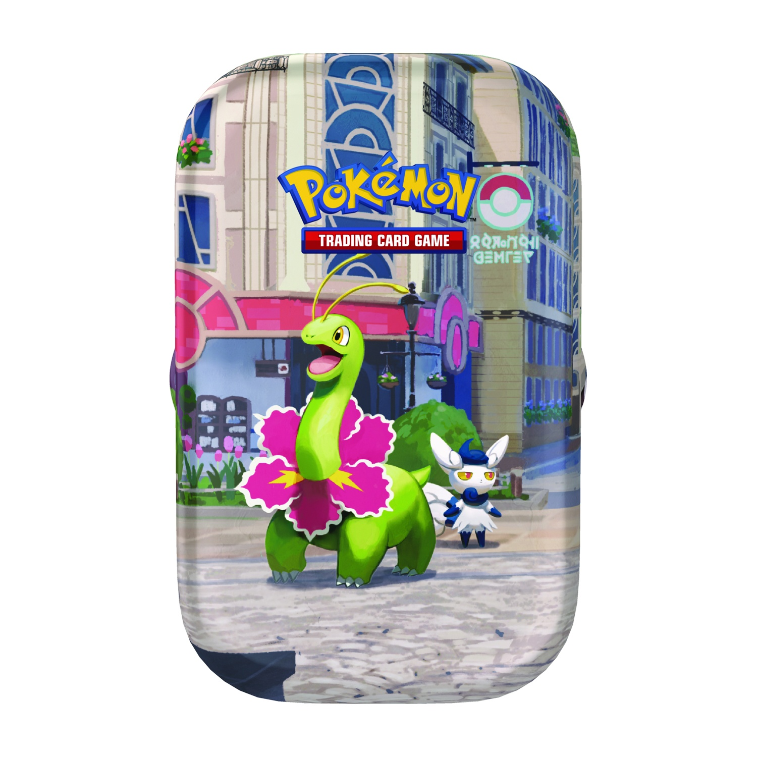 Dino Pokémon verde con fiore rosa e Pokémon bianco su strada cittadina.