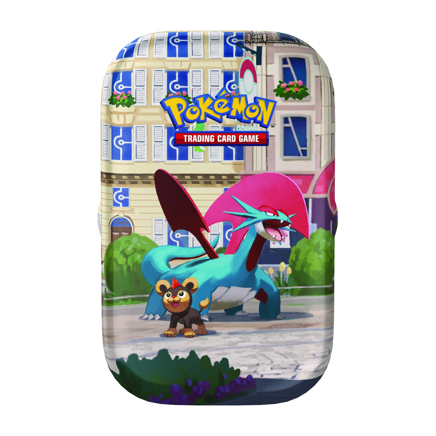 Lattina del Gioco di Carte Collezionabili Pokémon con drago blu e creatura marrone.