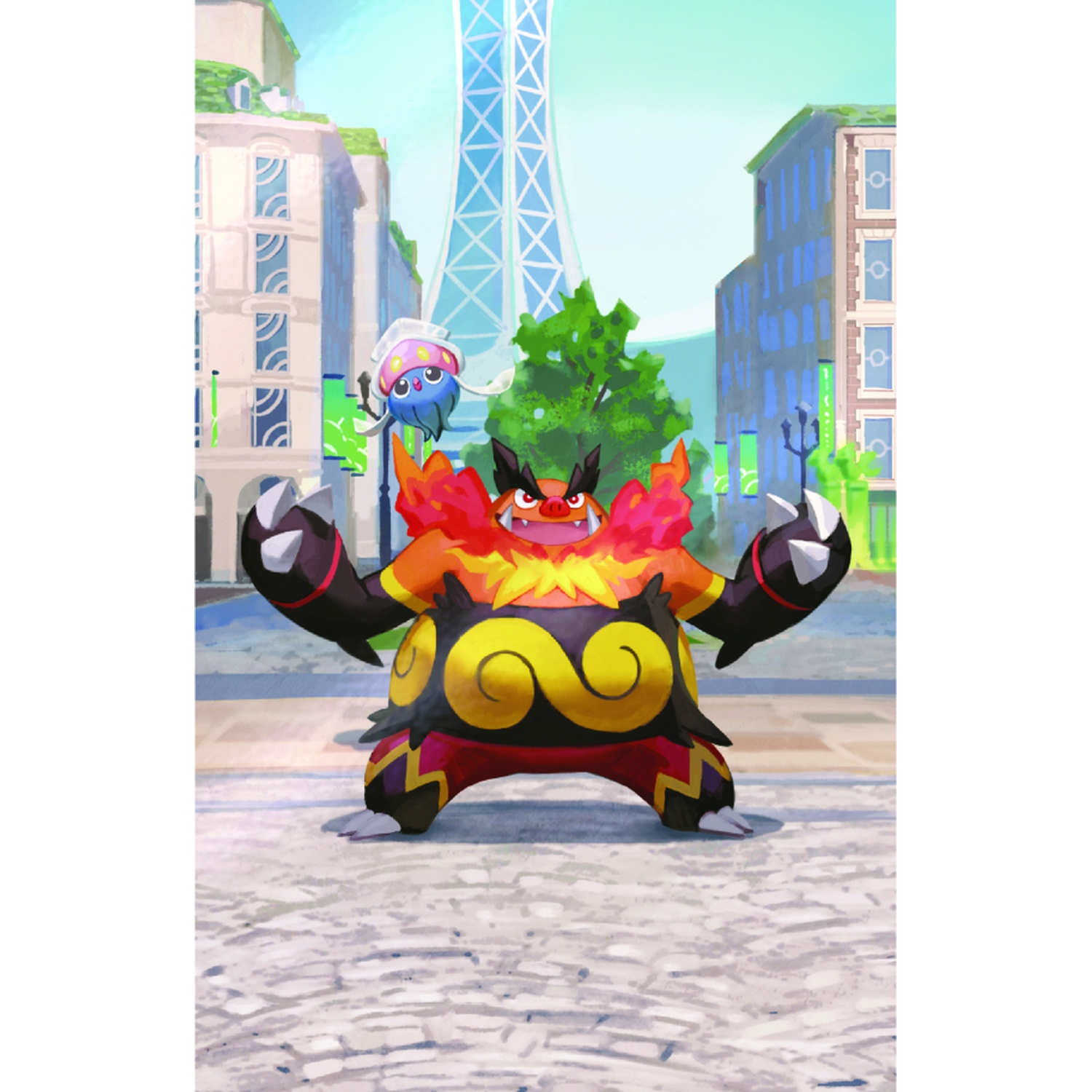 Un grande Pokémon infuocato si erge in una città con una torre sullo sfondo.