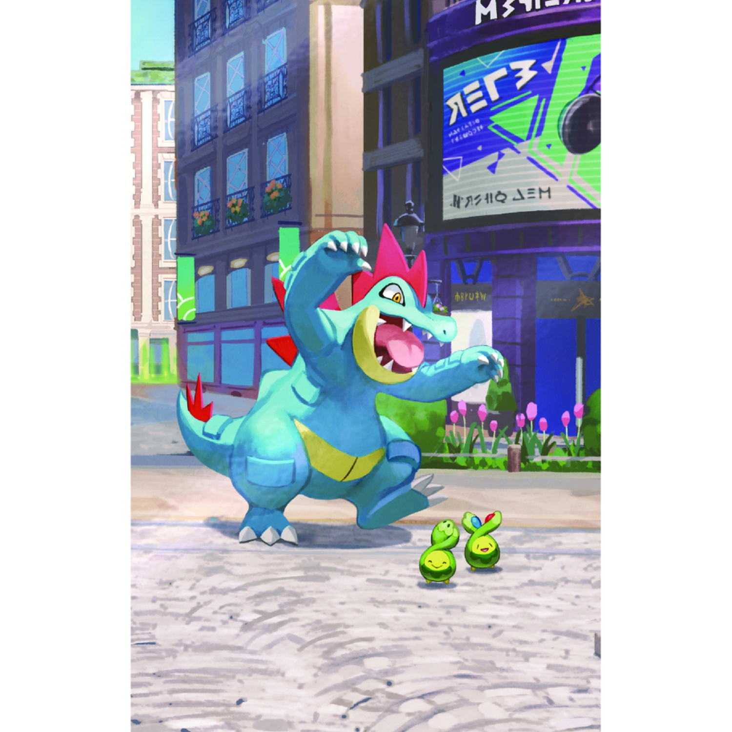 Un grande Pokémon coccodrillo blu con due piccoli Pokémon verdi.