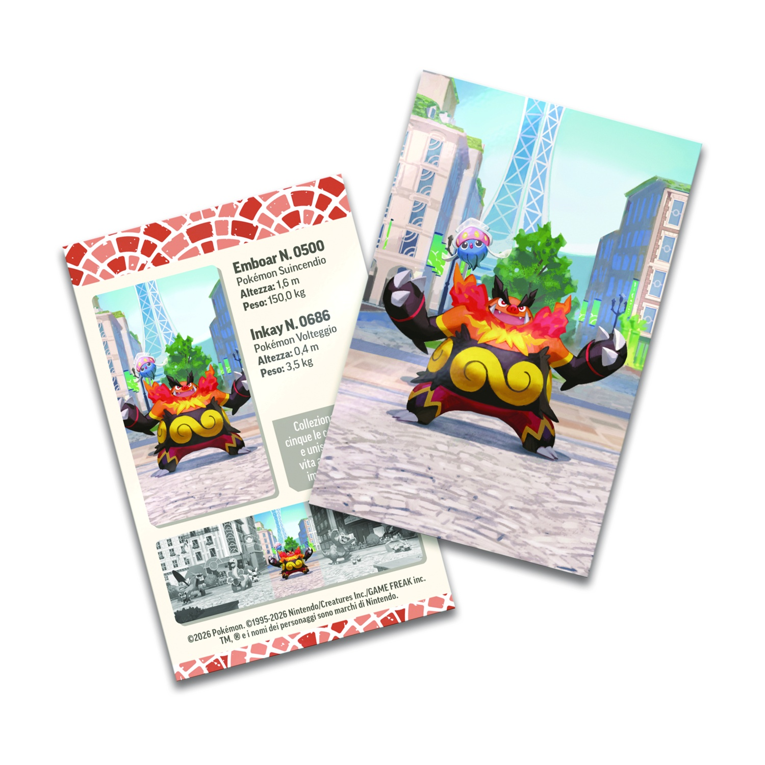 Due carte Pokémon con personaggi colorati e sfondi cittadini.