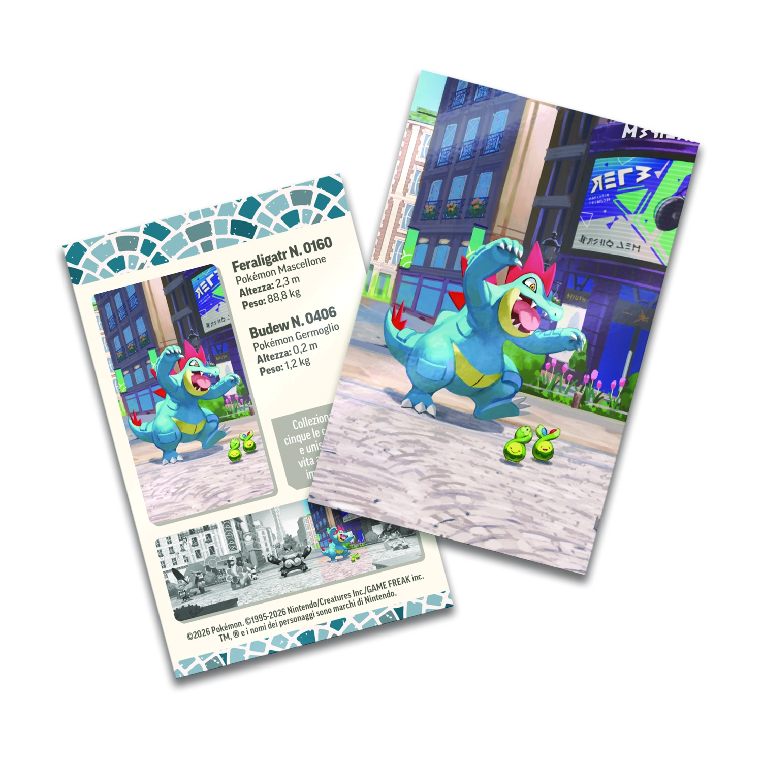 Un Feraligatr blu con bocca aperta e piccoli Pokémon verdi sta in strada davanti agli edifici.