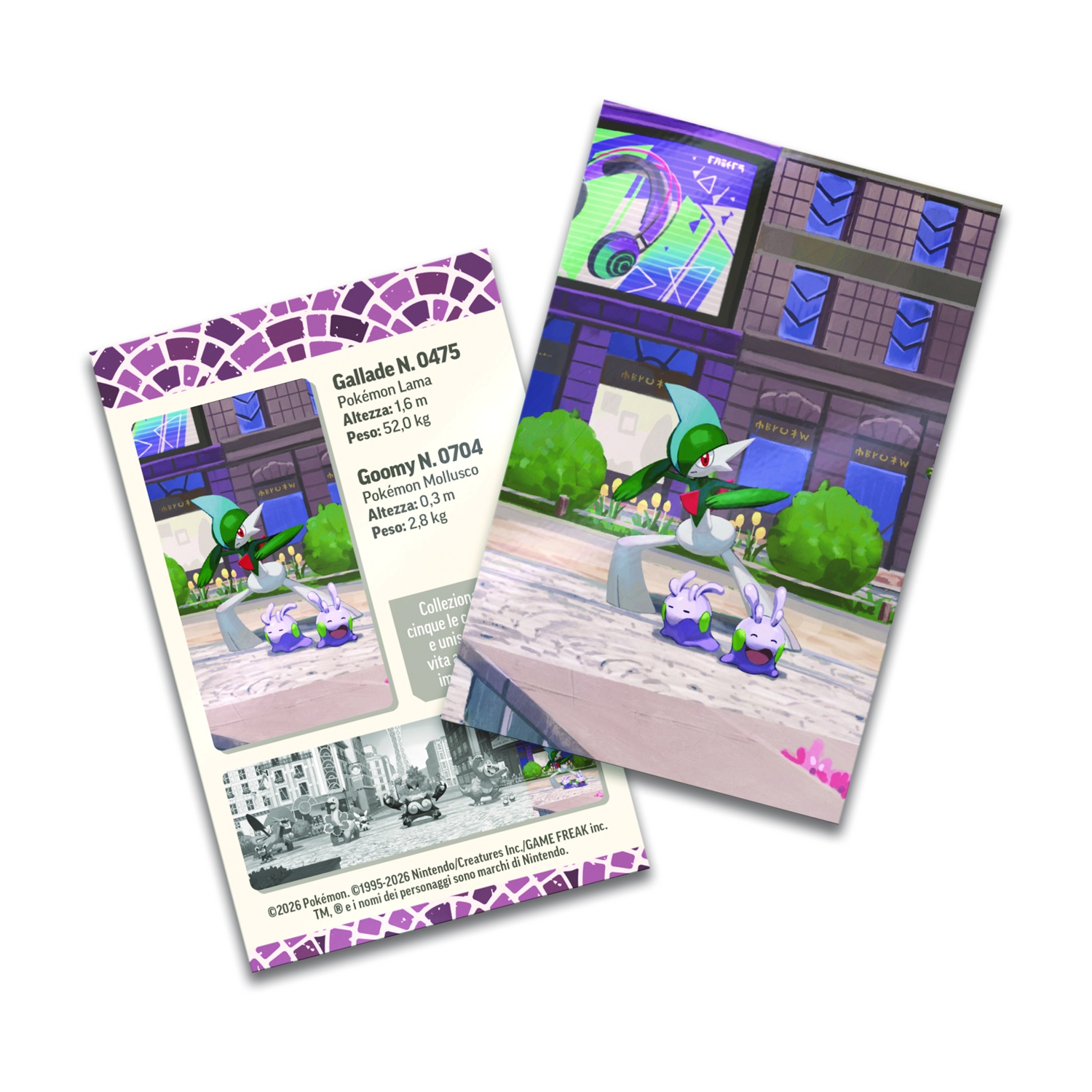 Due carte Pokémon con Gallade e Goomy su sfondi cittadini.