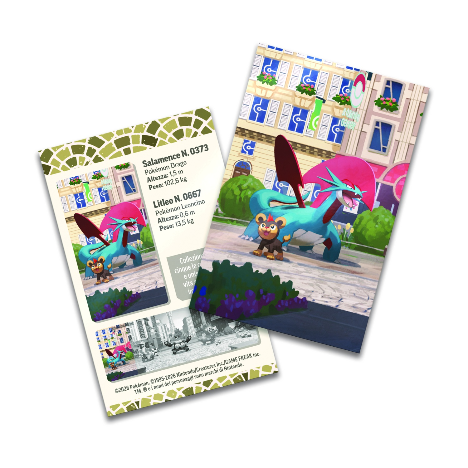 Due carte Pokémon mostrano Salamence e Litleo di fronte a uno sfondo cittadino.