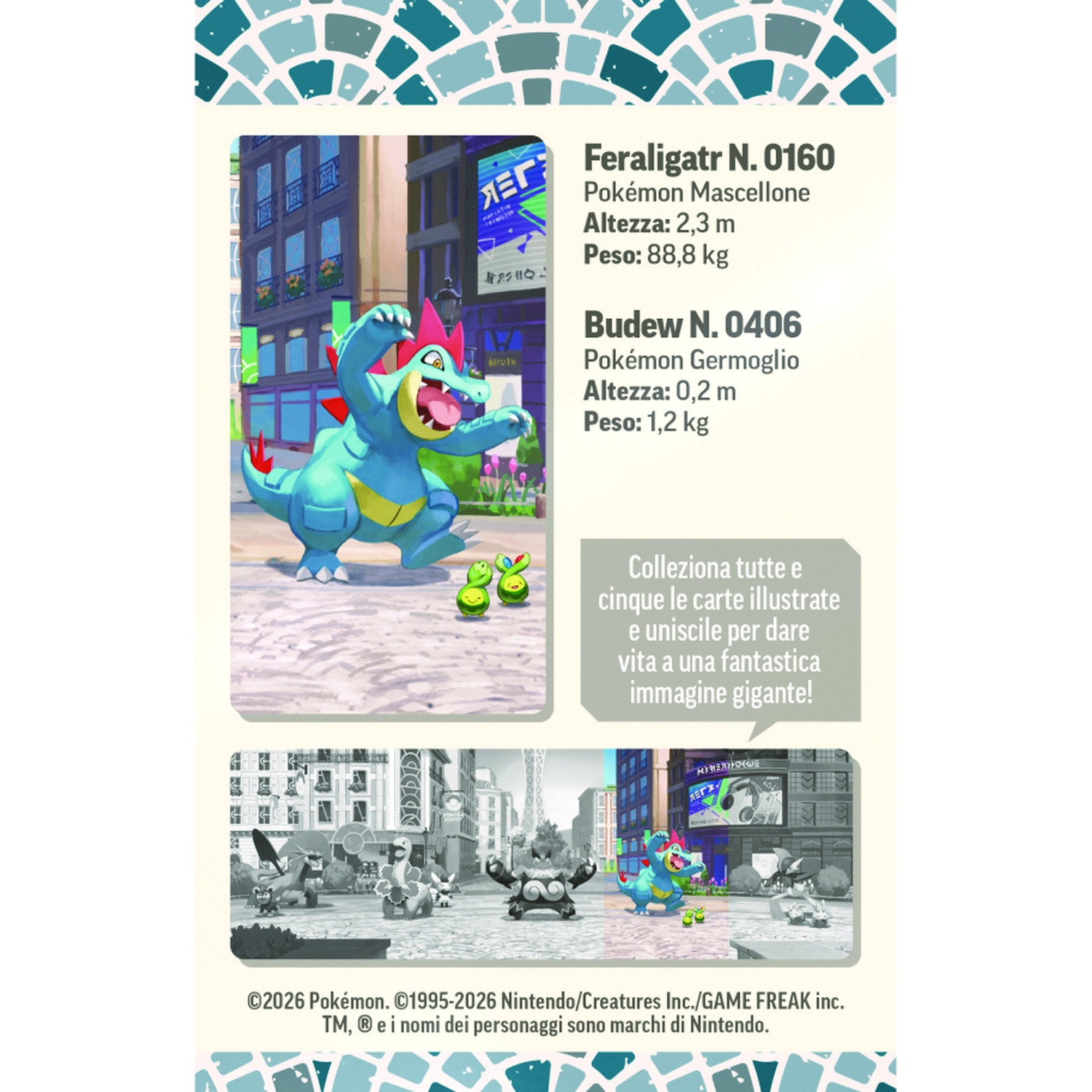Pokémon Feraligatr e Budew con skyline cittadino. Feraligatr in alto, vari Pokémon in basso.