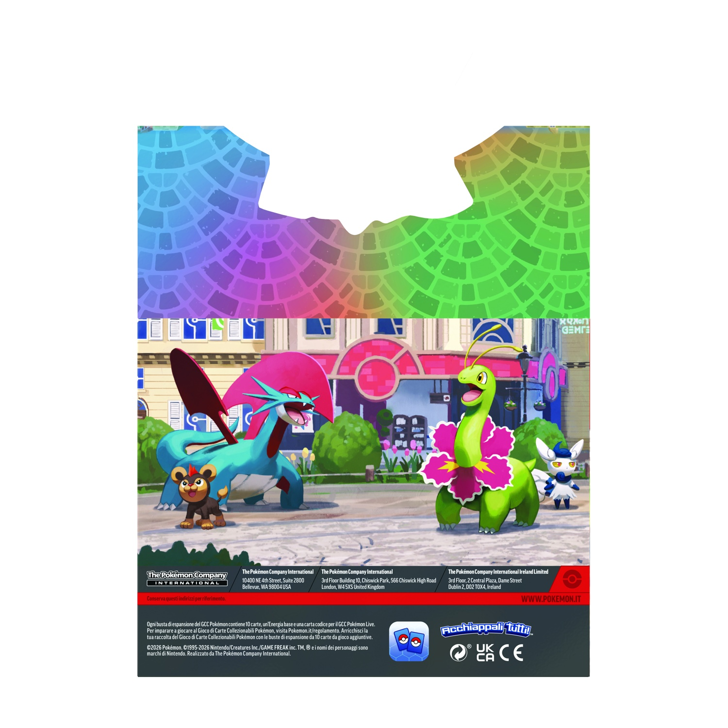 Tre figure Pokémon davanti a edifici. Un drago blu, un dino verde e un uccello bianco.