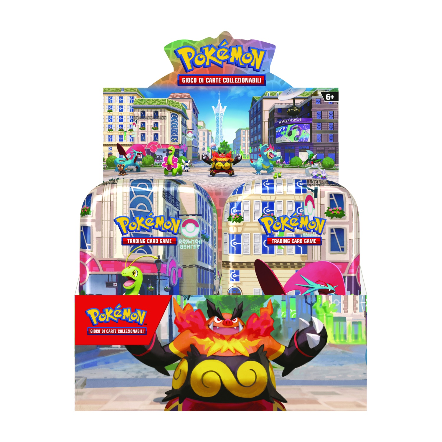 Espositore gioco di carte collezionabili Pokemon con vari personaggi e scene cittadine.
