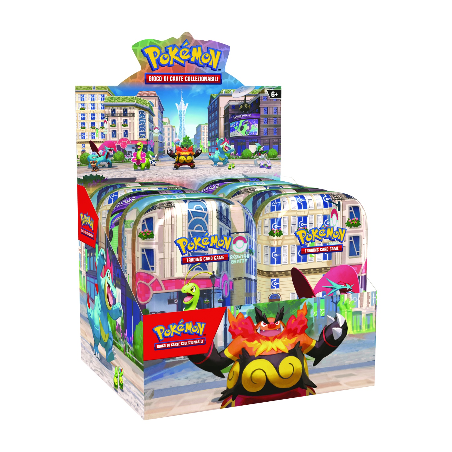 Espositore Gioco di Carte Collezionabili Pokémon con varie creature e sfondo urbano.