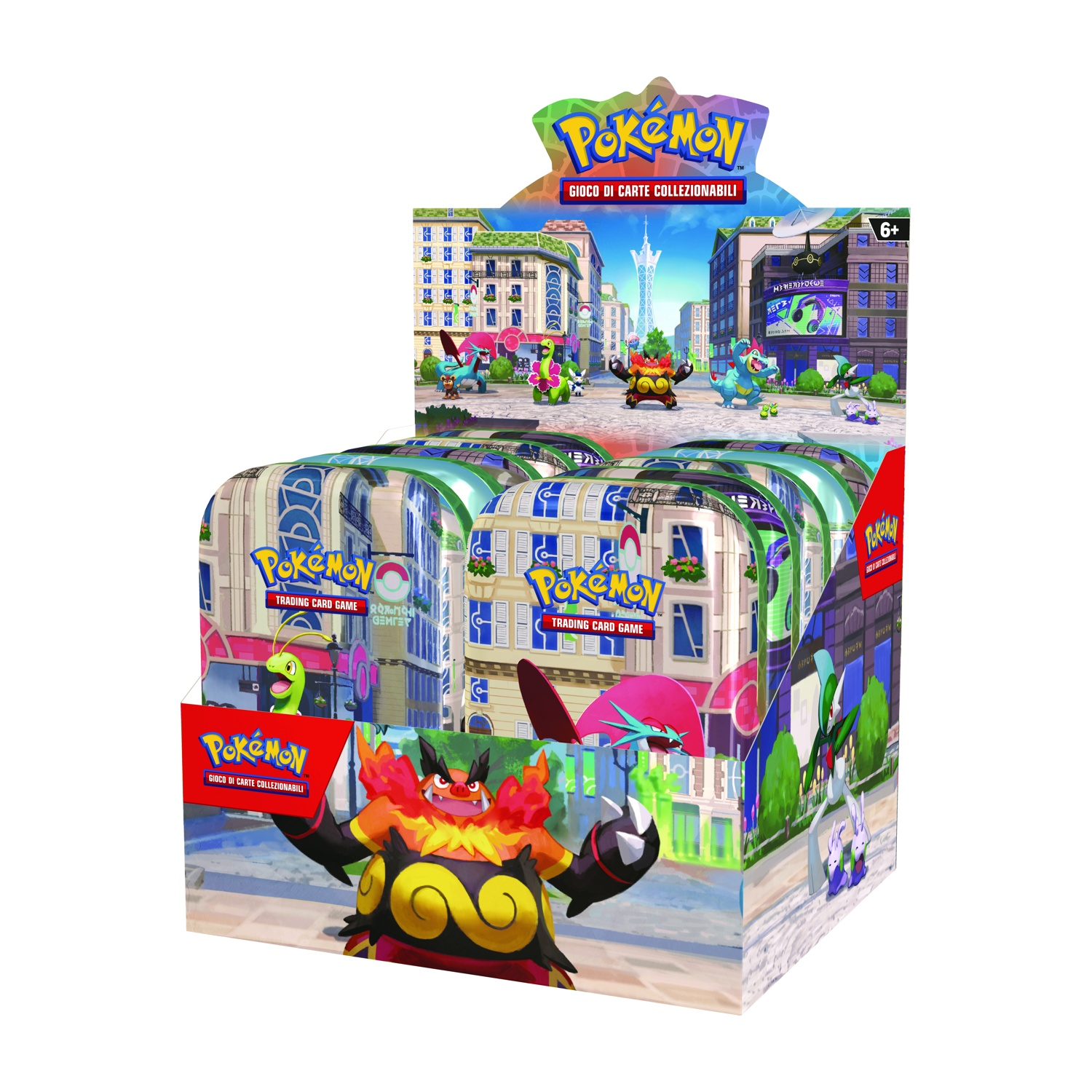 Scatola gioco carte collezionabili Pokemon con personaggi e scene di città.