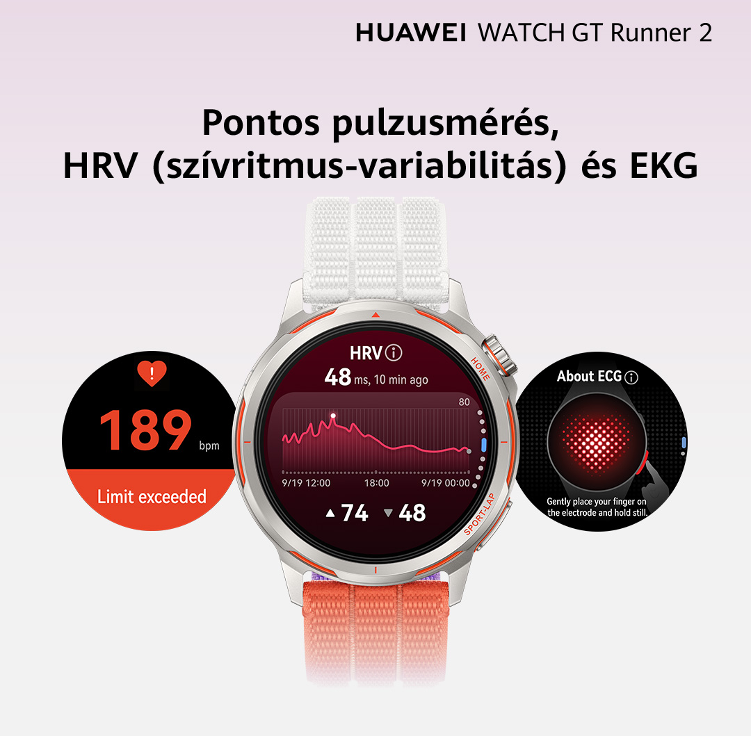 Huawei Watch GT Runner 2 189 ütés/percet, EKG és HRV adatokat mutat.