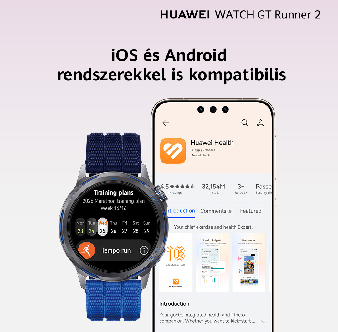 Huawei Watch GT Runner 2 edzésterv és Huawei Health alkalmazás kijelzője.