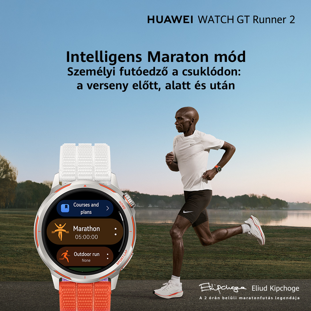 Eliud Kipchoge fut a Huawei Watch GT Runner 2-vel, melyen maraton mód látható.