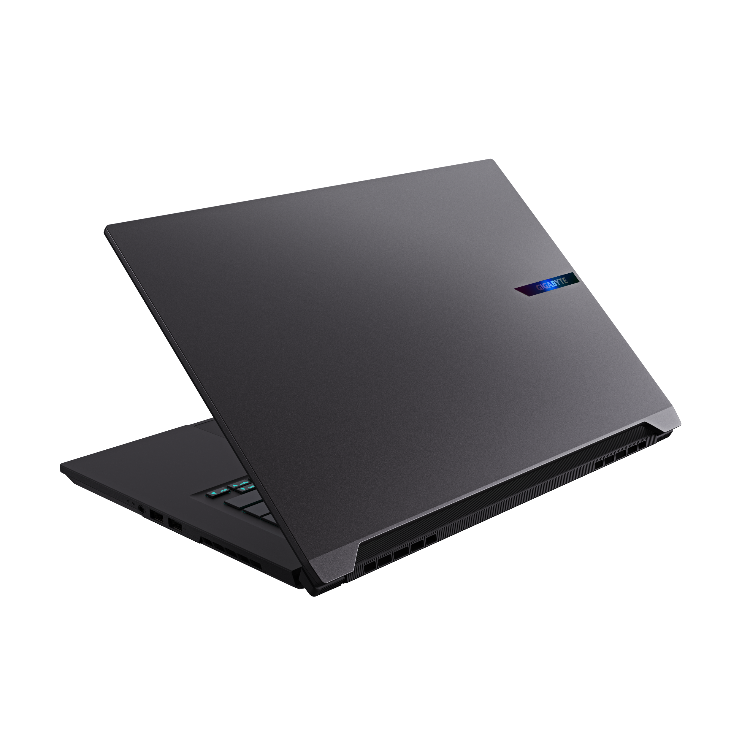 Ein dunkler Laptop mit GIGABYTE-Logo liegt auf schwarzem Hintergrund.