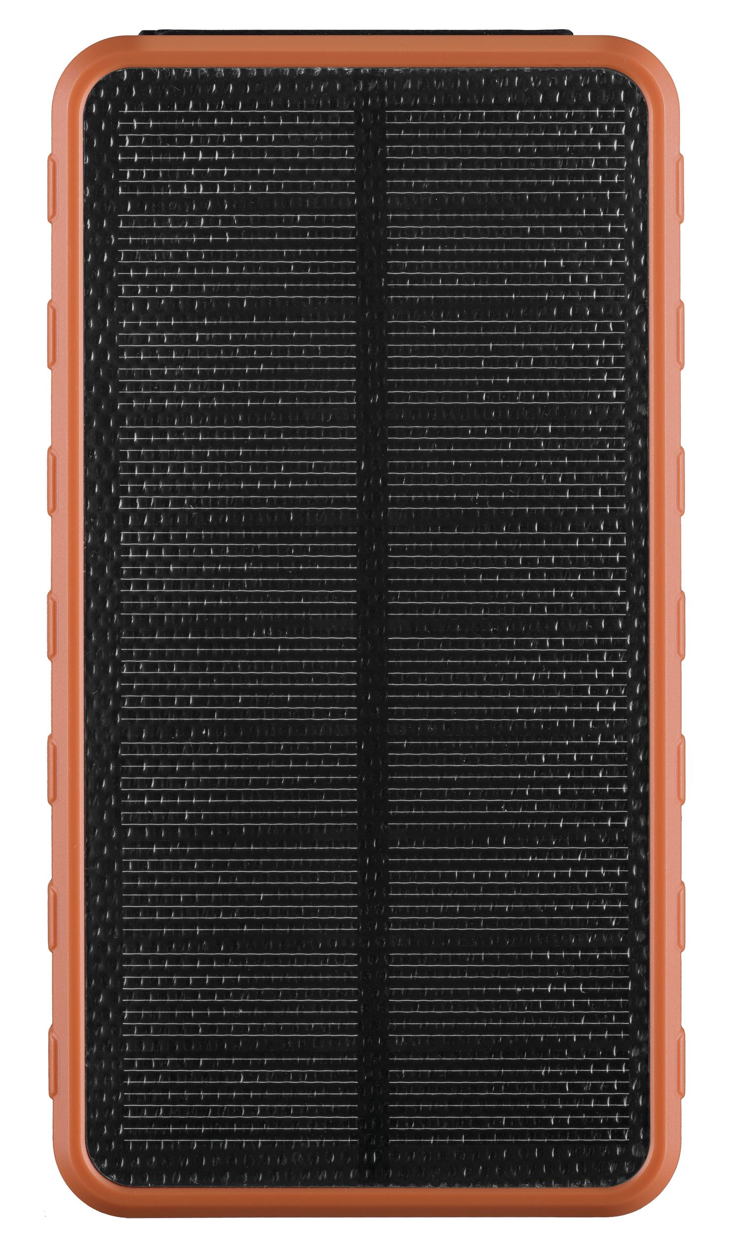 Panel solar negro con borde naranja y líneas horizontales.