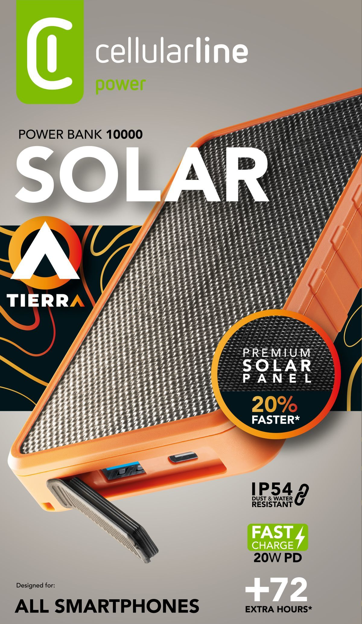 Embalaje CellularLine Solar 10000, panel solar premium 20% más rápido, resistente al agua y polvo, carga rápida 20 W, +72h, para todos los smartphones