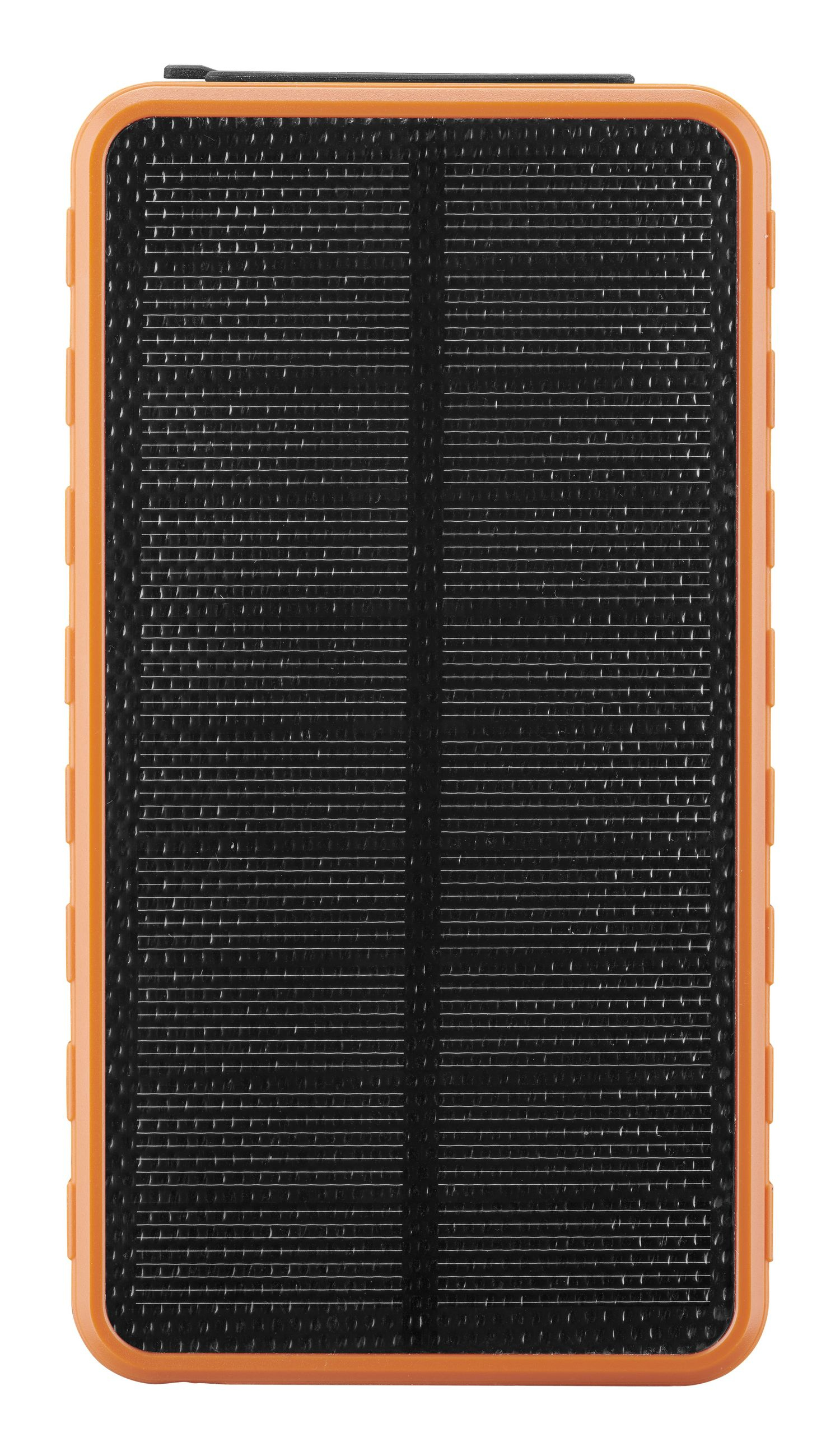 Una carcasa naranja con superficie de panel solar negra.