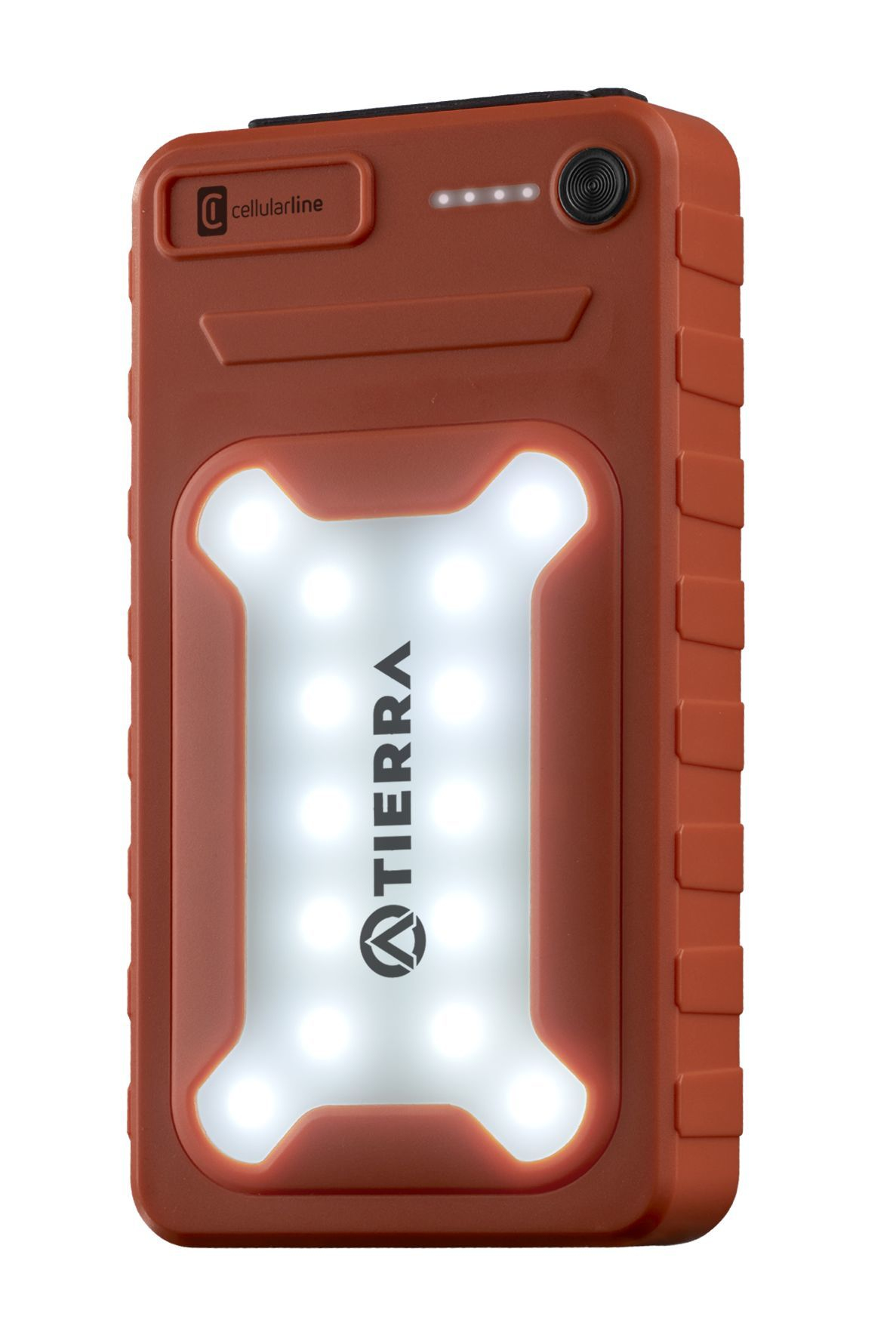 Batería externa naranja con 12 LEDs y logo de Tierra. Fondo blanco.