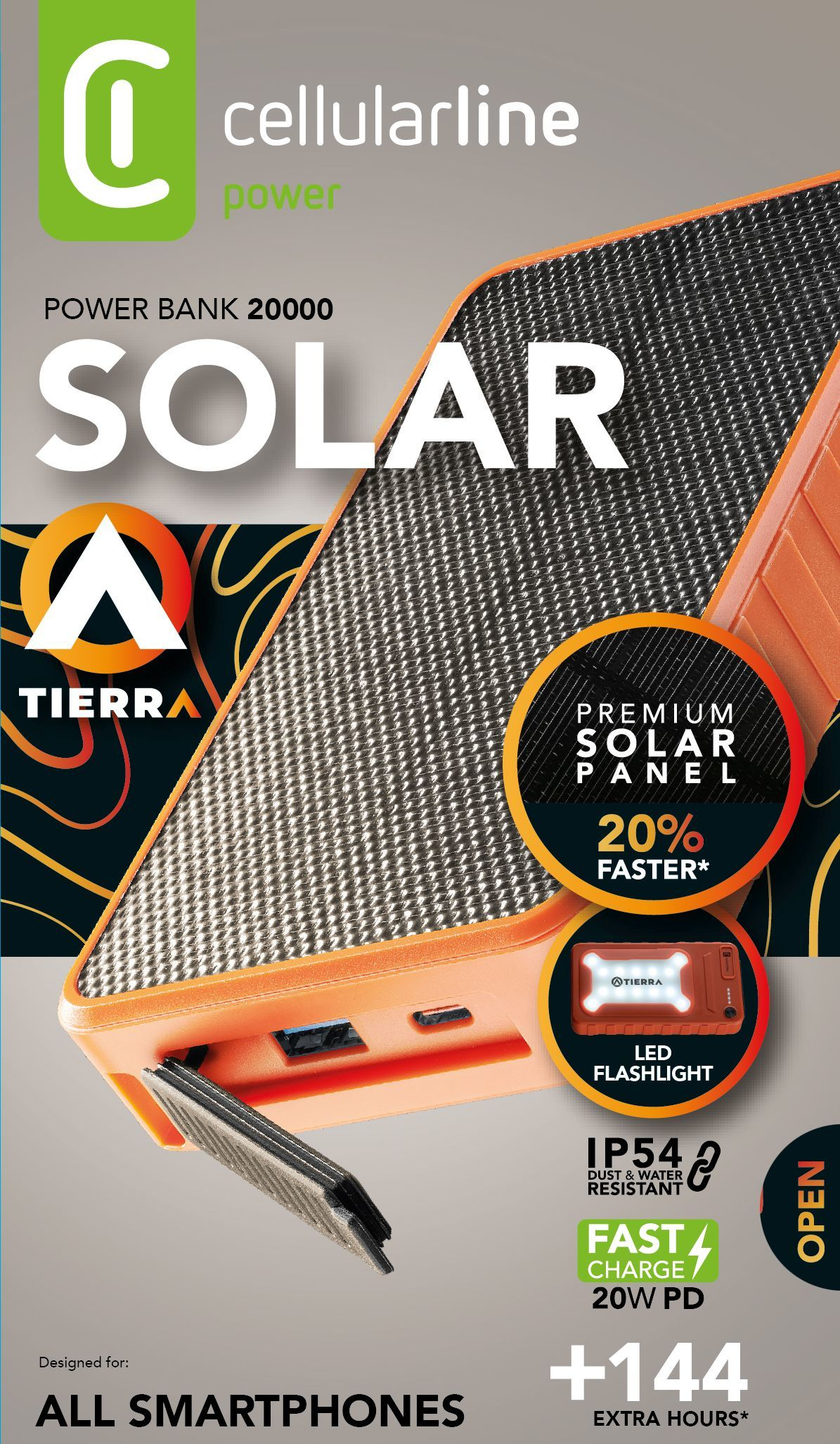 Embalaje Solar 20000, panel premium 20% más rápido, luz flash LED, resistente al agua y polvo, carga rápida 20 W, +144h, para todos los smartphones